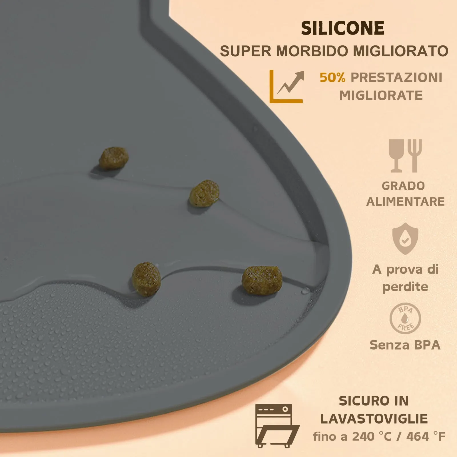 Septillar Tappetino Sottociotola in Silicone per Cani e Gatti, Antiscivolo e Impermeabile, Grigio Carbone, 52x30 cm - immagine 3