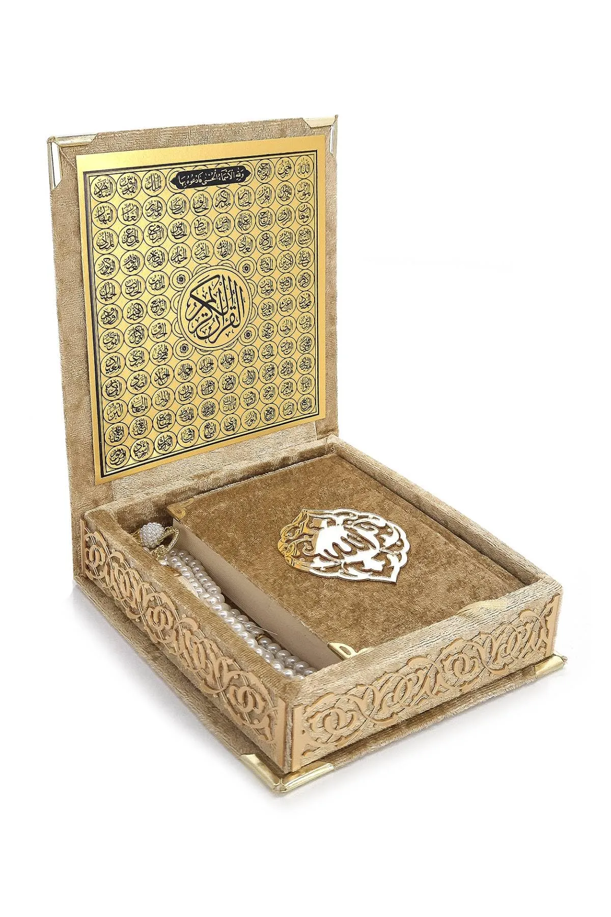 ihvan online The Holy Qur'an Islamic Prayer Gift Set, Velvet Cover, Tesbih, Asmaul Husna, Gold - immagine 1