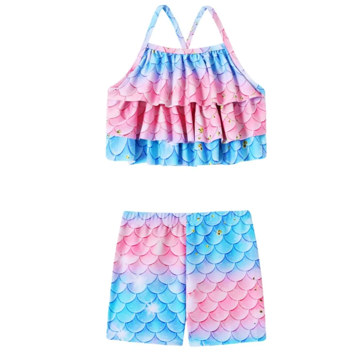 Dtiaagto Costume da bagno da sirena per bambine, tankini 3 pezzi con coda di pesce corta arcobaleno, Rosa, 7-8 anni - immagine 1