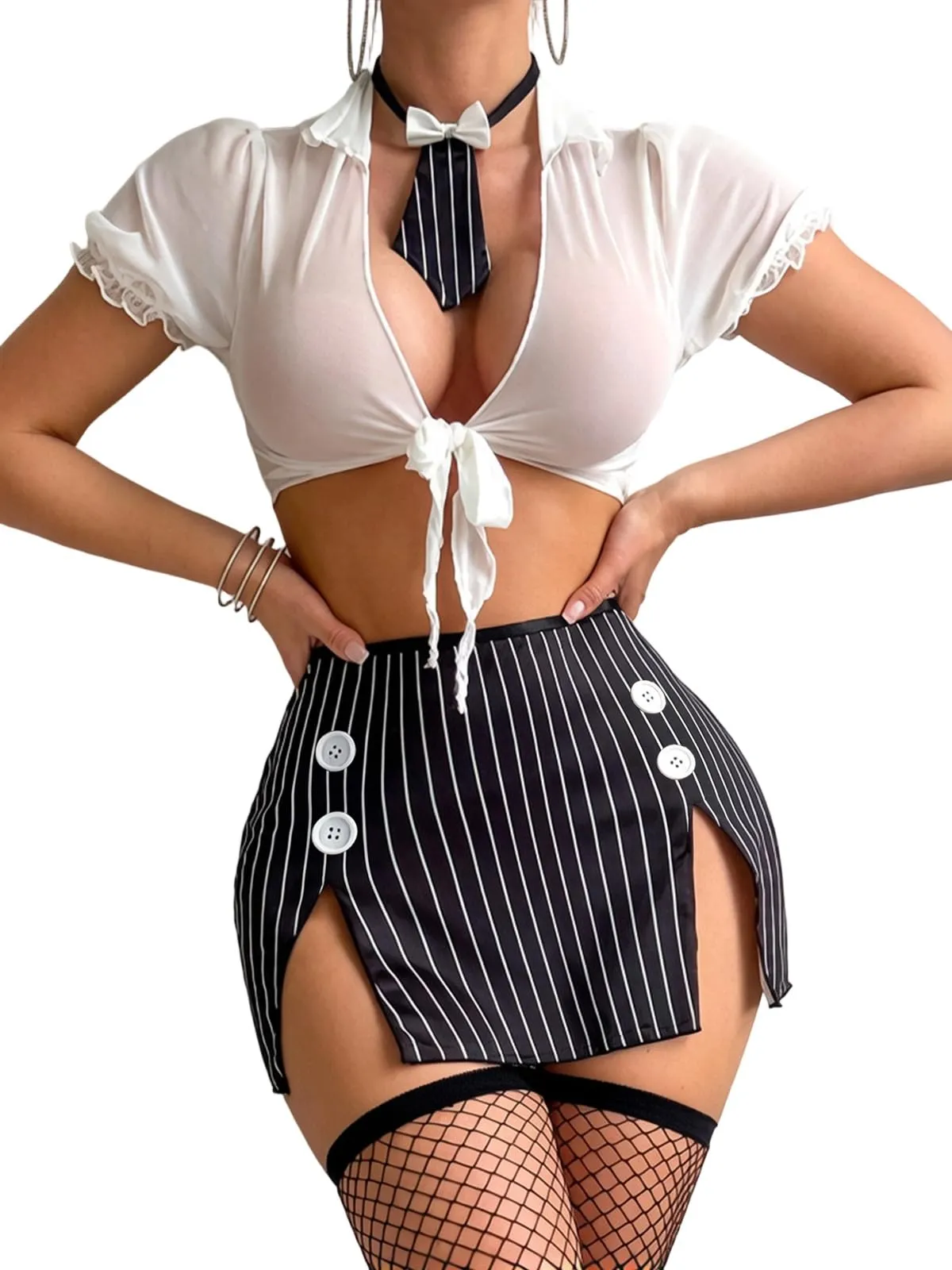 Rayson Completo Intimi Donna Uniforme Studentessa Lingerie Cosplay Babydoll 5 Pezzi, Nero - immagine 1