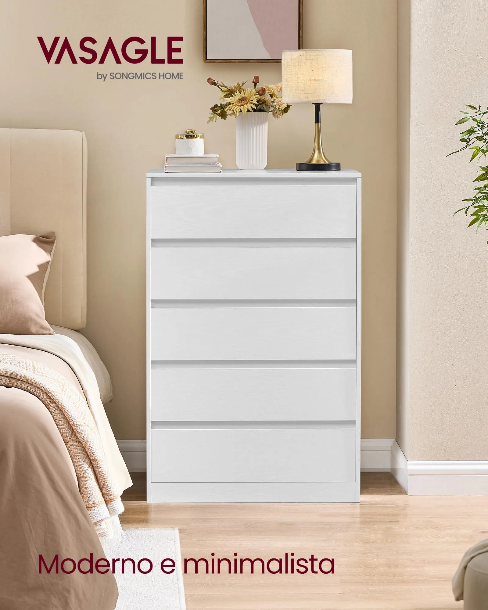 VASAGLE KAILYN Cassettiera con 5 Cassetti, 40 x 60 x 97,4 cm, Bianco Neve LTS605WE01 - immagine 2