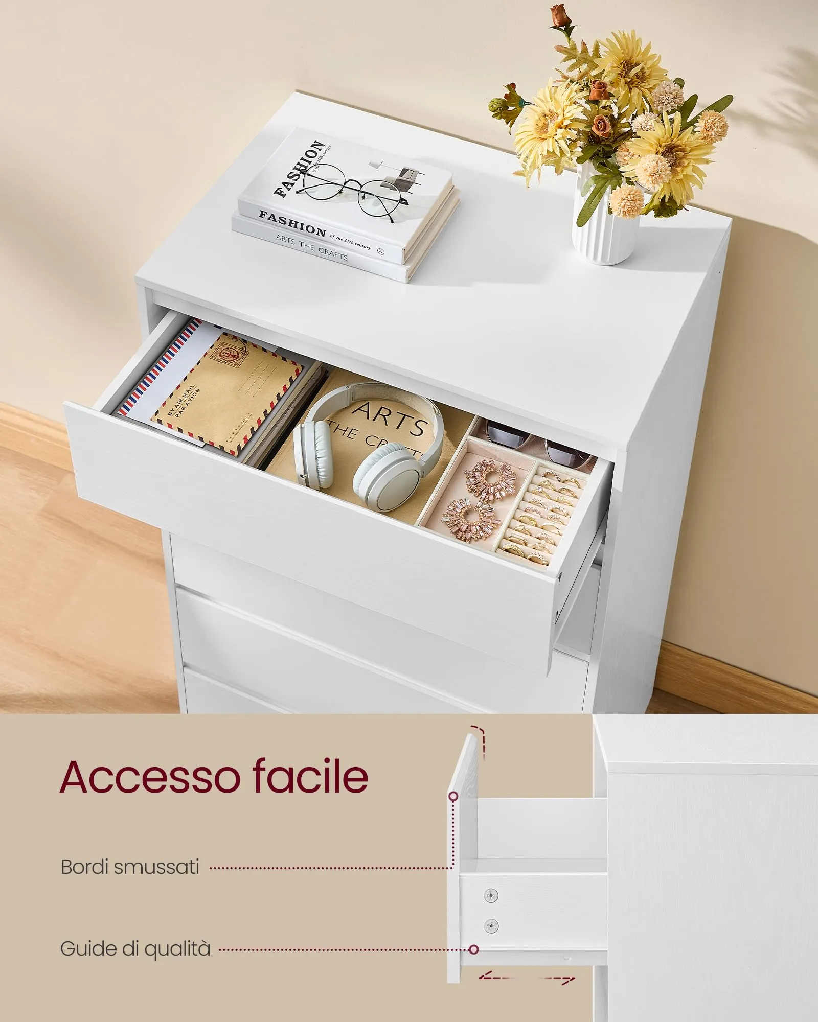 VASAGLE KAILYN Cassettiera con 5 Cassetti, 40 x 60 x 97,4 cm, Bianco Neve LTS605WE01 - immagine 3