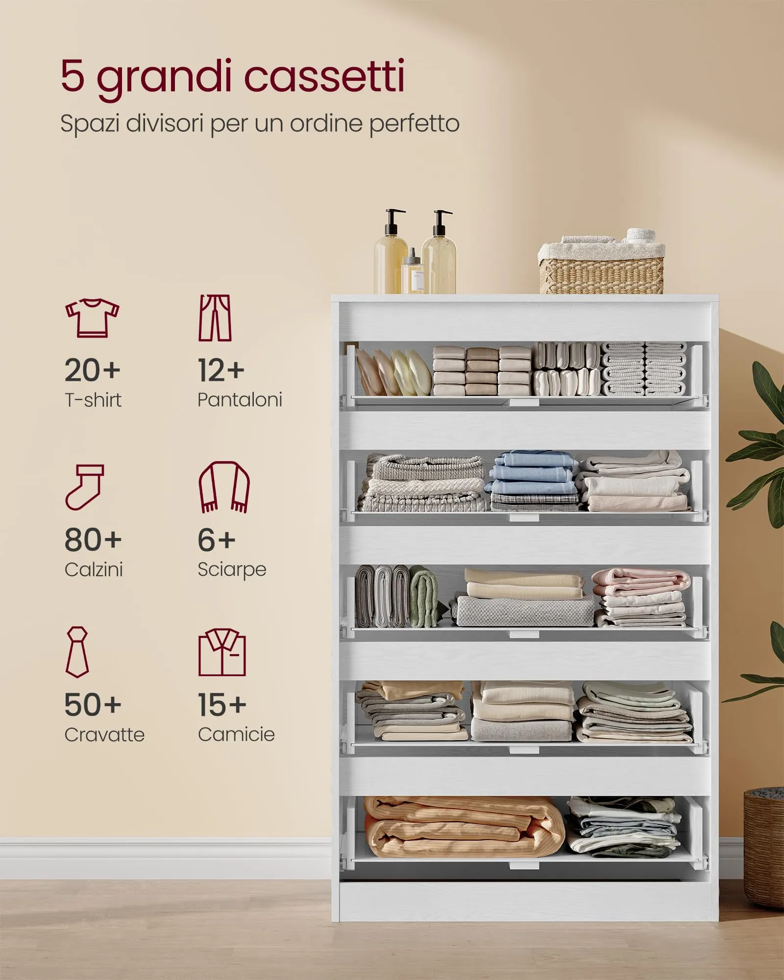 VASAGLE KAILYN Cassettiera con 5 Cassetti, 40 x 60 x 97,4 cm, Bianco Neve LTS605WE01 - immagine 4