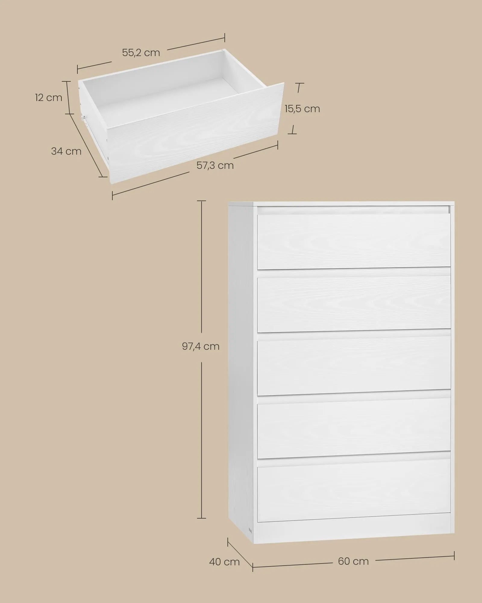 VASAGLE KAILYN Cassettiera con 5 Cassetti, 40 x 60 x 97,4 cm, Bianco Neve LTS605WE01 - immagine 5