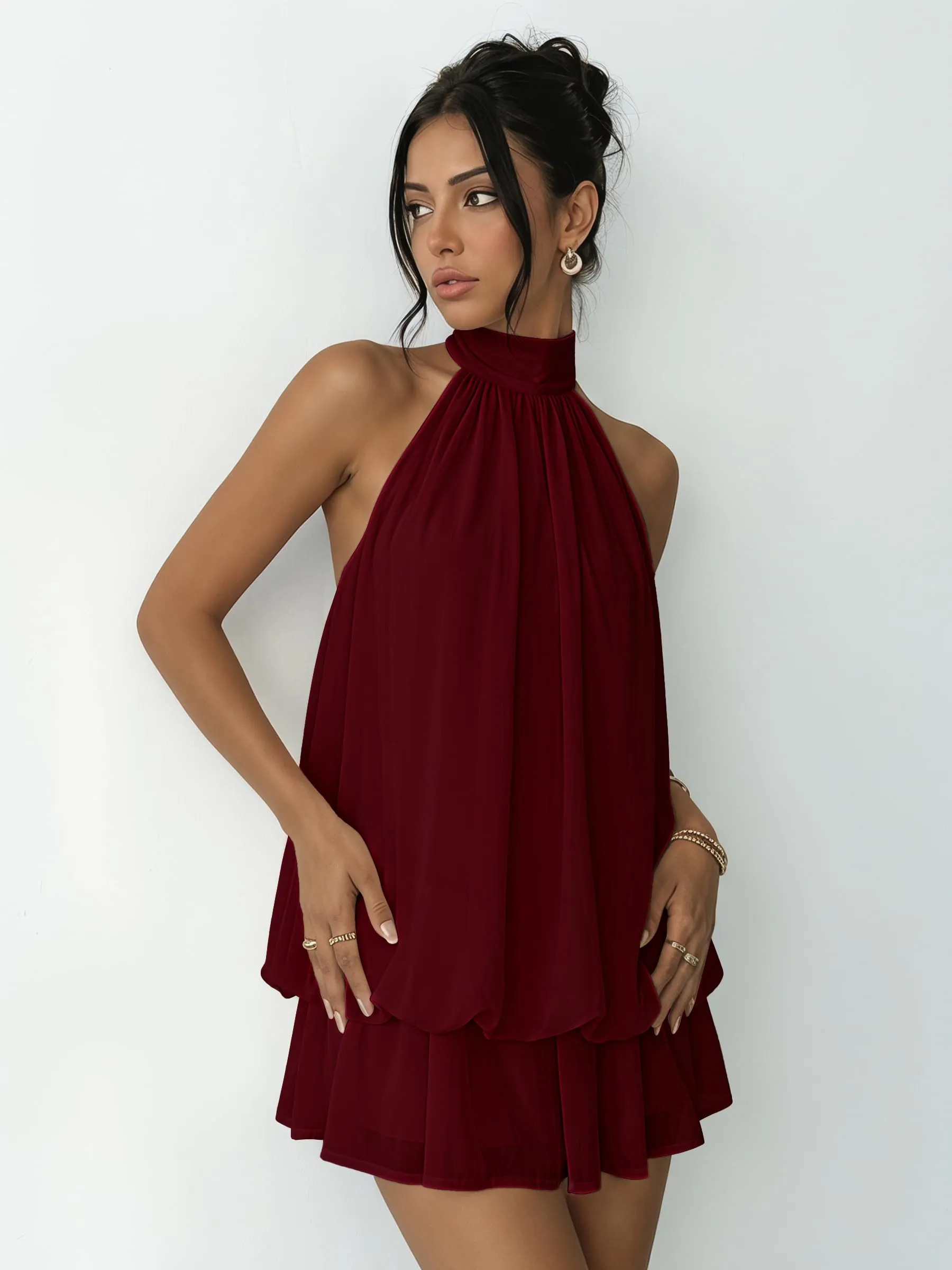 Xiaoliny Vestito Donna Elegante Senza Maniche Mini Abito in Chiffon con Scollo Halter e Volant - immagine 7