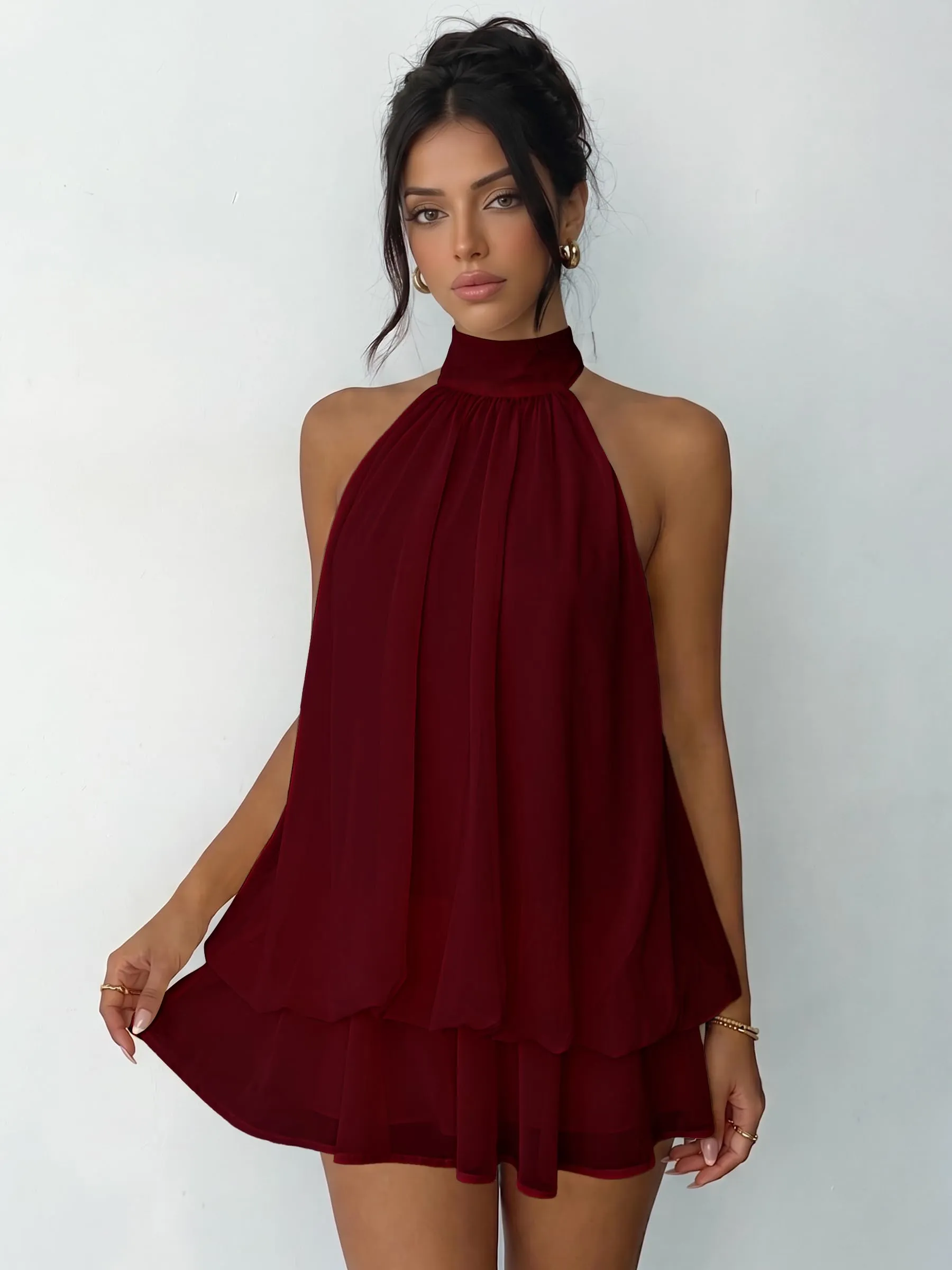 Xiaoliny Vestito Donna Elegante Senza Maniche Mini Abito in Chiffon con Scollo Halter e Volant - immagine 9