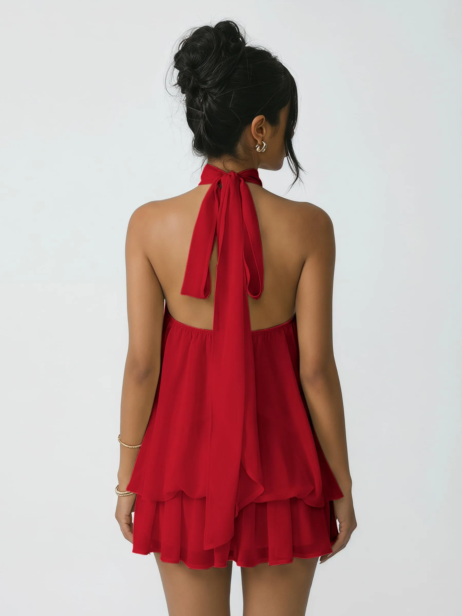 Xiaoliny Vestito Donna Elegante Senza Maniche Mini Abito in Chiffon Scollo Halter con Volant e Schiena Scoperta - immagine 2