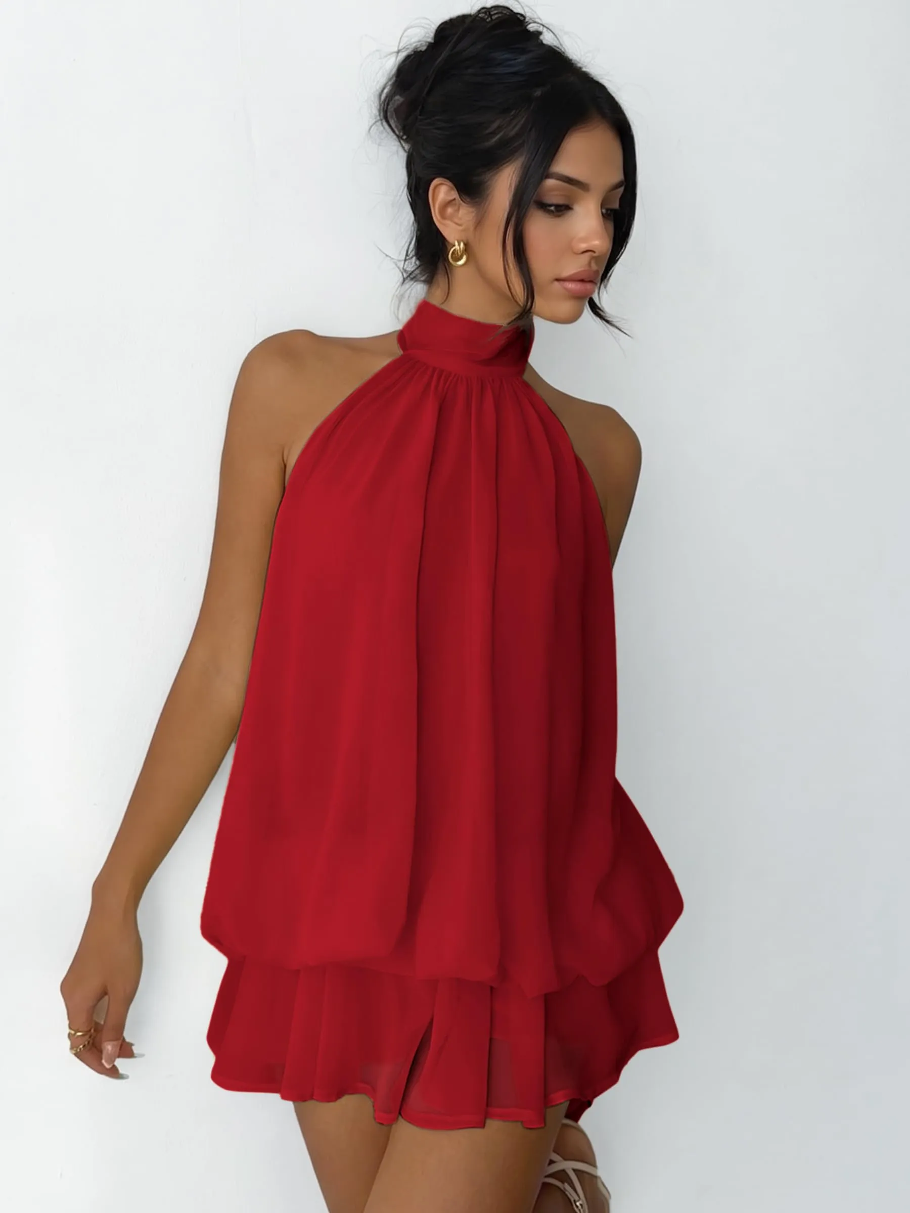 Xiaoliny Vestito Donna Elegante Senza Maniche Mini Abito in Chiffon Scollo Halter con Volant e Schiena Scoperta - immagine 4