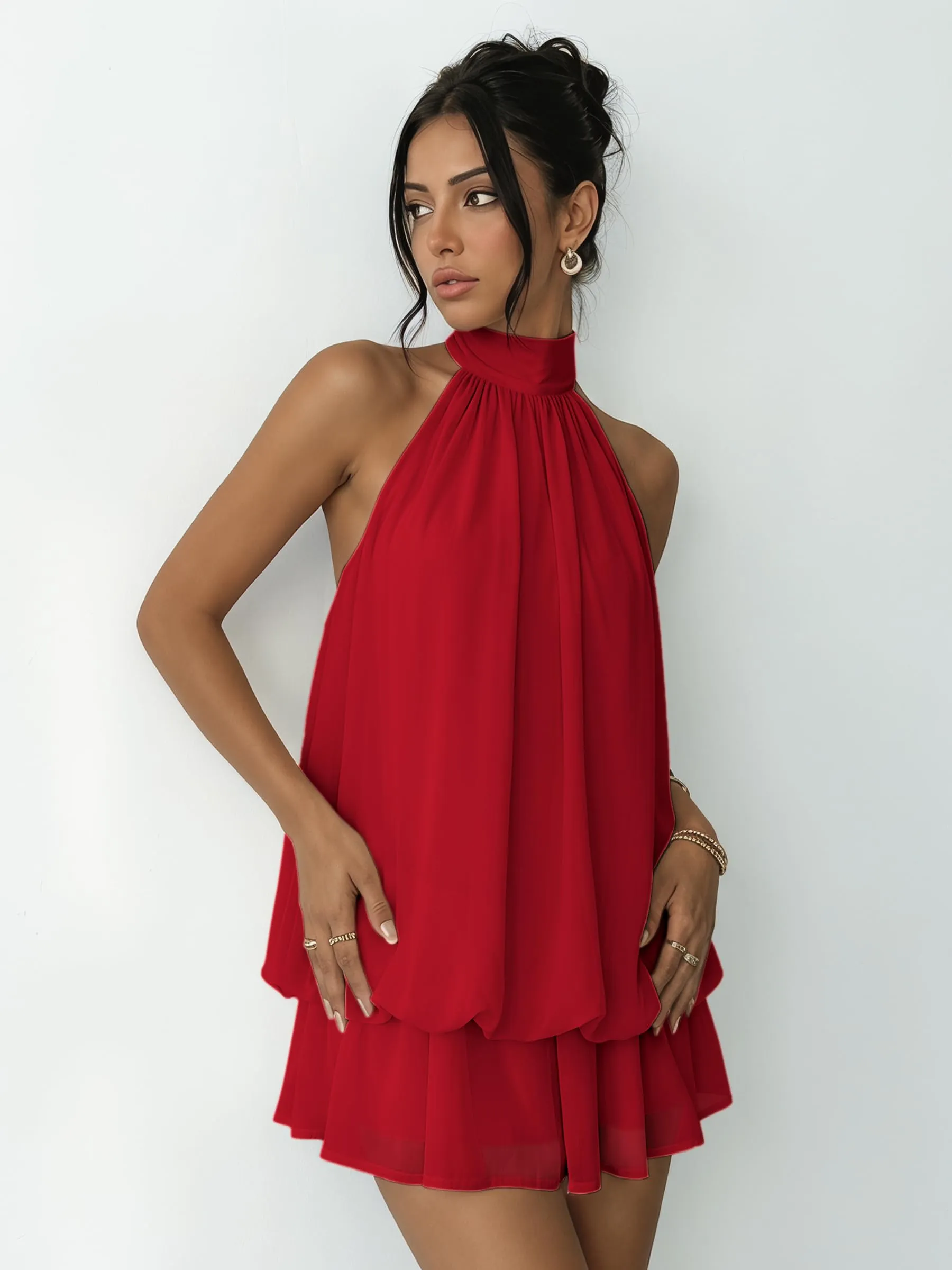 Xiaoliny Vestito Donna Elegante Senza Maniche Mini Abito in Chiffon Scollo Halter con Volant e Schiena Scoperta - immagine 7