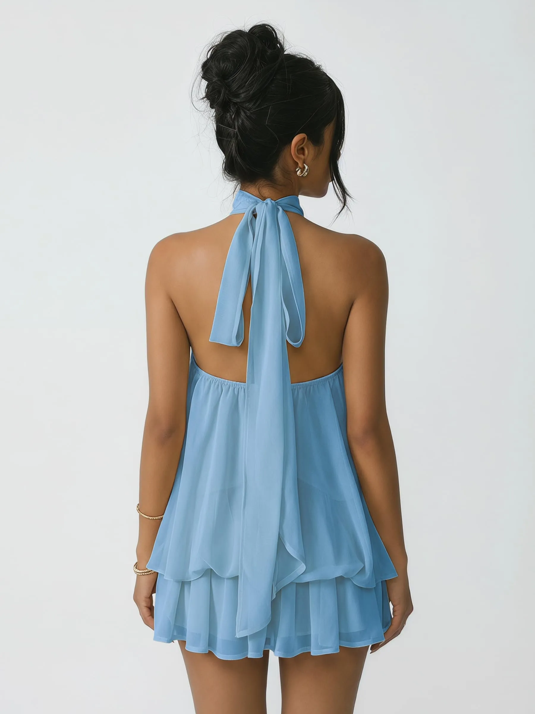 Xiaoliny Vestito Donna Elegante Senza Maniche Mini Abito Scollo Halter e Volant in Chiffon Schiena Scoperta con Laccio - immagine 2