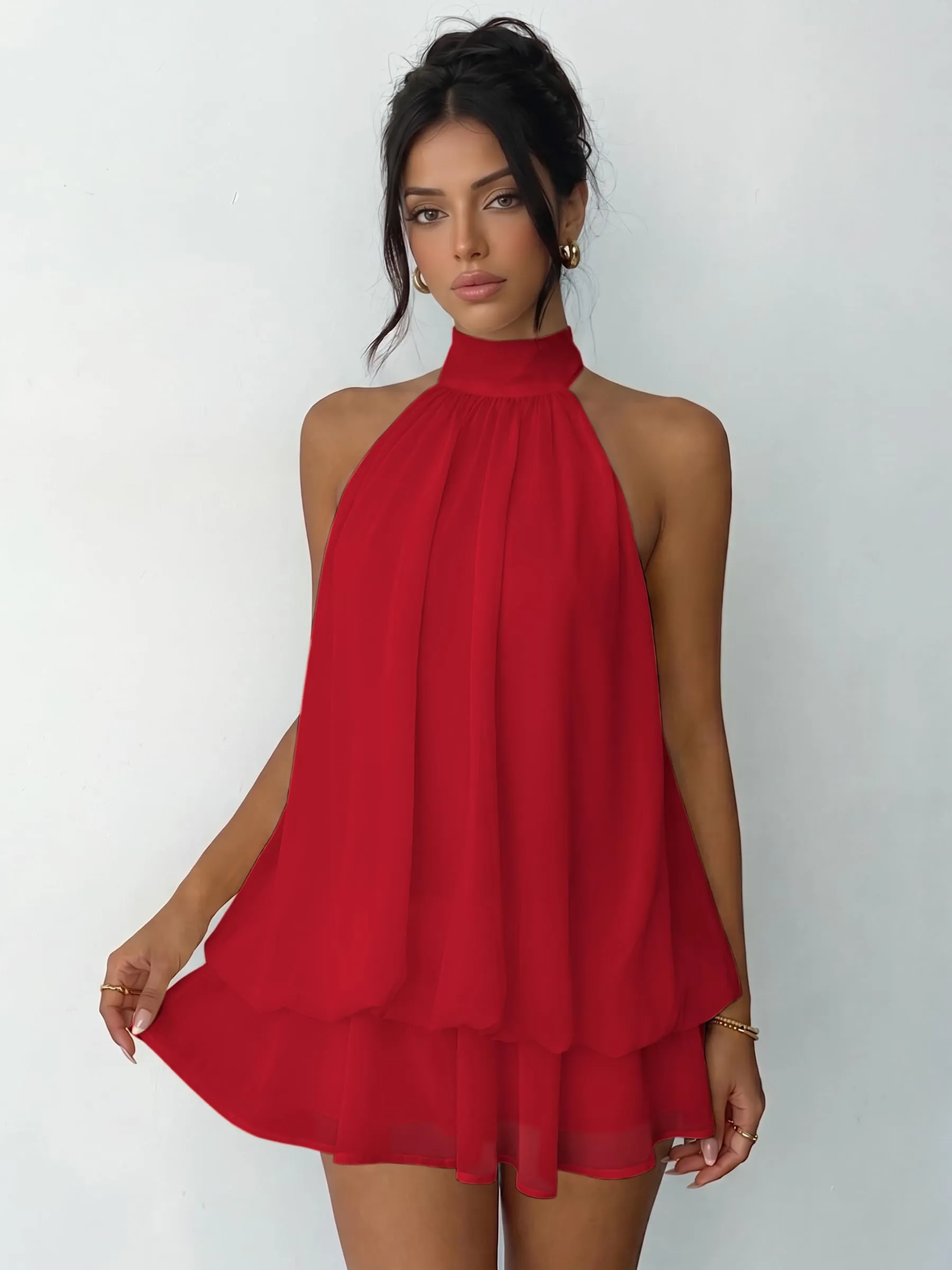 Xiaoliny Vestito Donna Elegante Senza Maniche Mini Abito in Chiffon con Scollo Halter e Volant - immagine 8
