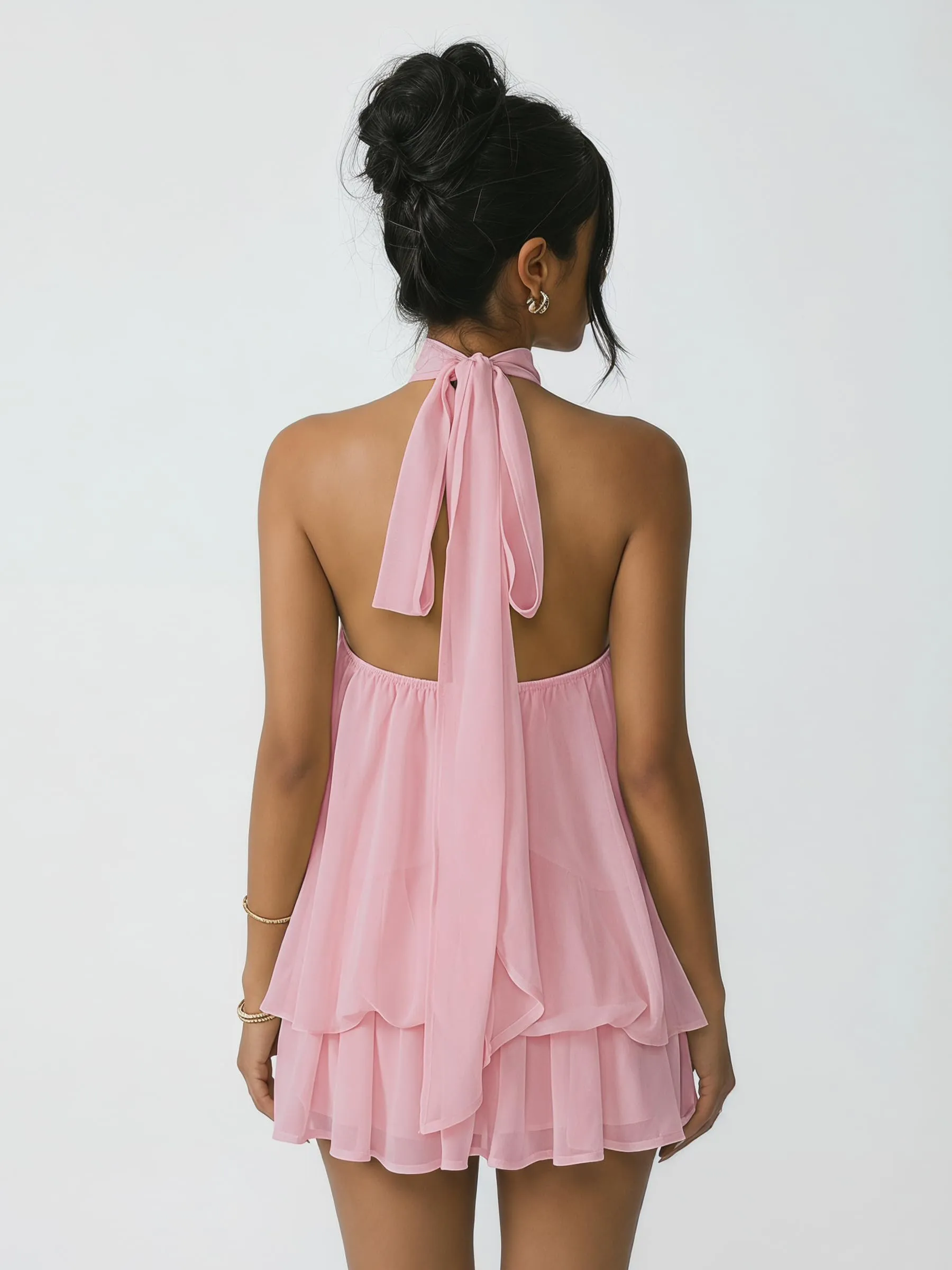 Xiaoliny Vestito Donna Elegante Senza Maniche Mini Abito in Chiffon con Scollo Halter, Volant e Schiena Scoperta con Laccio - immagine 4