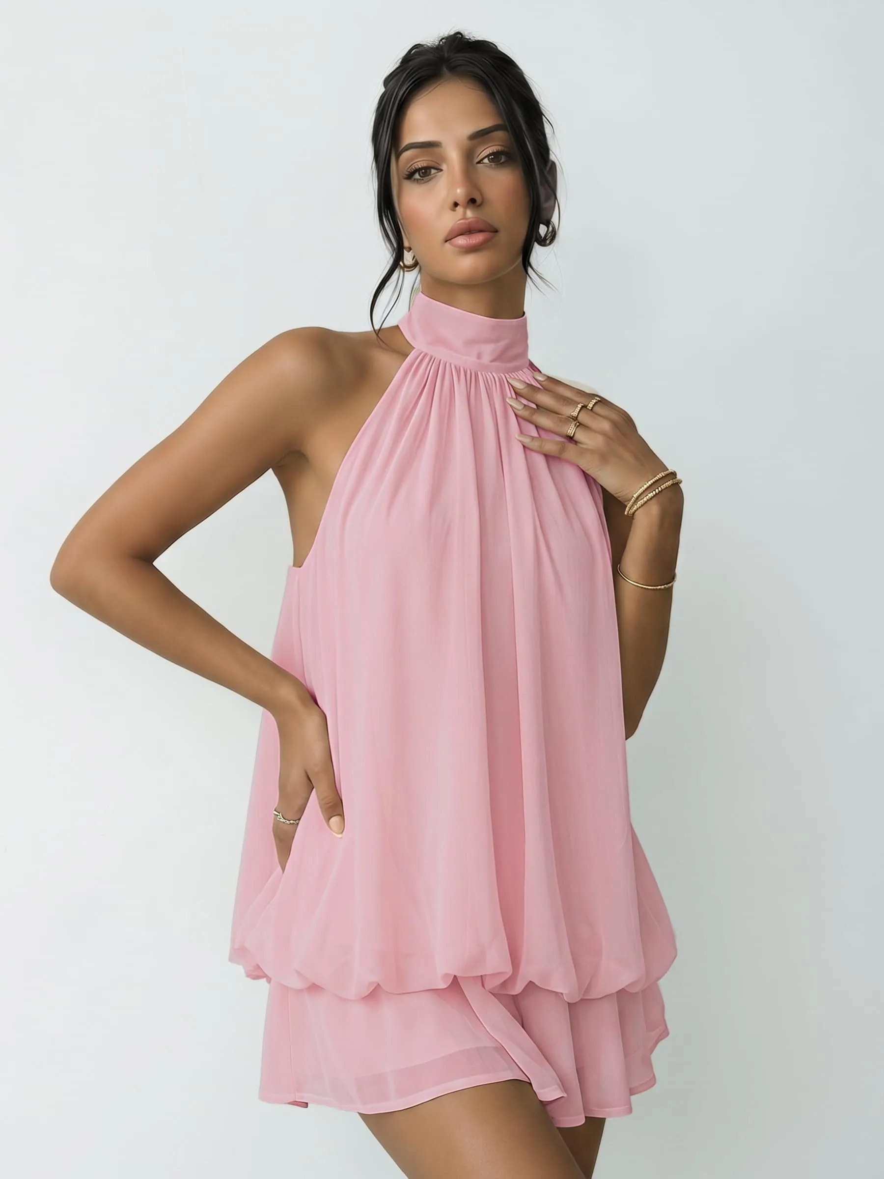 Xiaoliny Vestito Donna Elegante Senza Maniche Mini Abito in Chiffon con Scollo Halter, Volant e Schiena Scoperta con Laccio - immagine 6