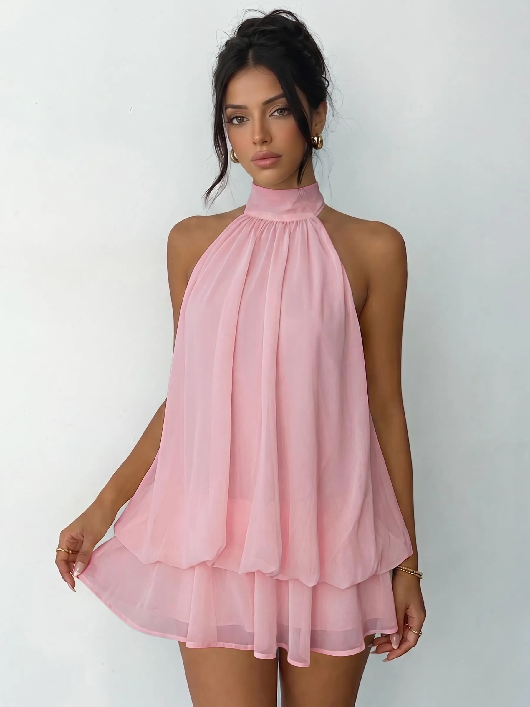 Xiaoliny Vestito Donna Elegante Senza Maniche Mini Abito in Chiffon con Scollo Halter, Volant e Schiena Scoperta con Laccio - immagine 9