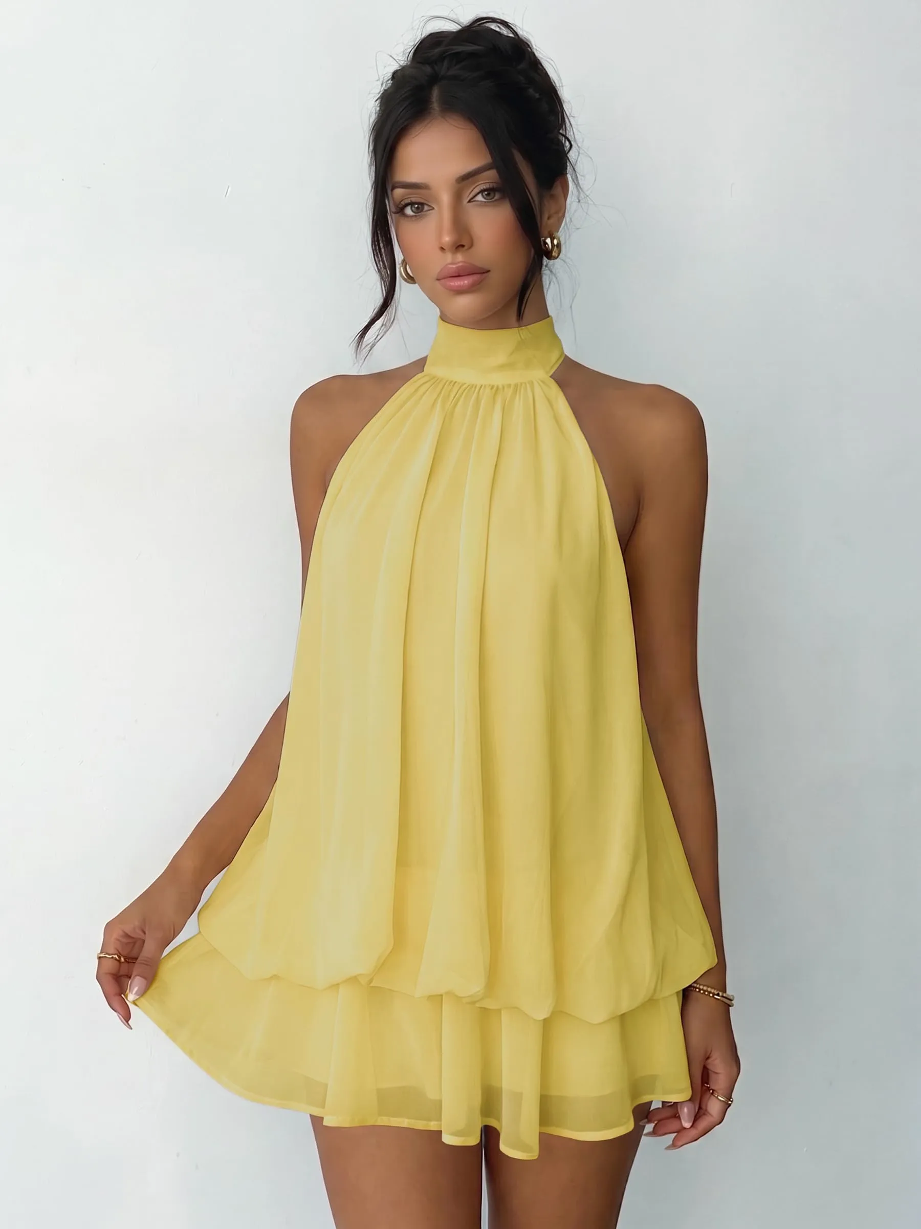 Xiaoliny Vestito Donna Elegante Senza Maniche Mini Abito con Scollo Halter e Volant in Chiffon Schiena Scoperta con Laccio - immagine 8