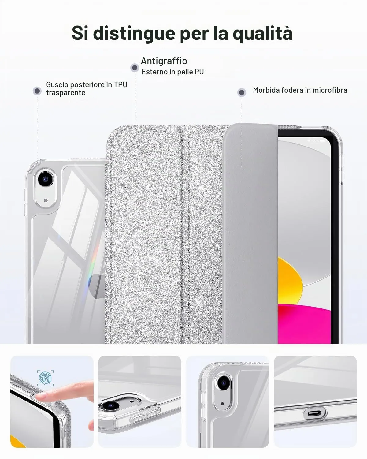 MoKo Cover for iPad 11th Gen 11" and 10th Gen 10.9", Bianco Glitterato Argento - immagine 6