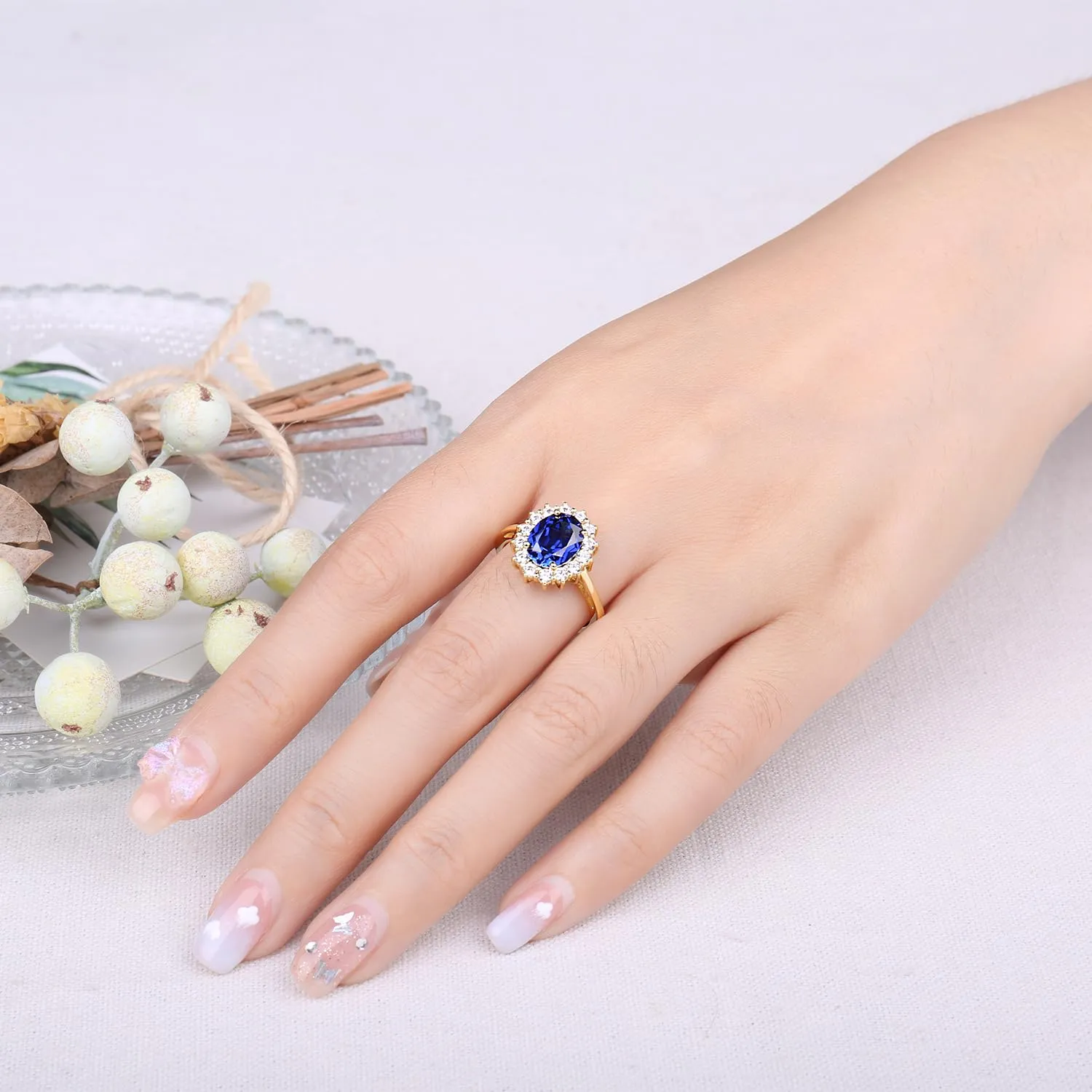 JewelryPalace Anello Halo Donna placcato oro giallo 14K con Royal Blue Created Spinel e Zirconi, Misura 14.5 - immagine 4