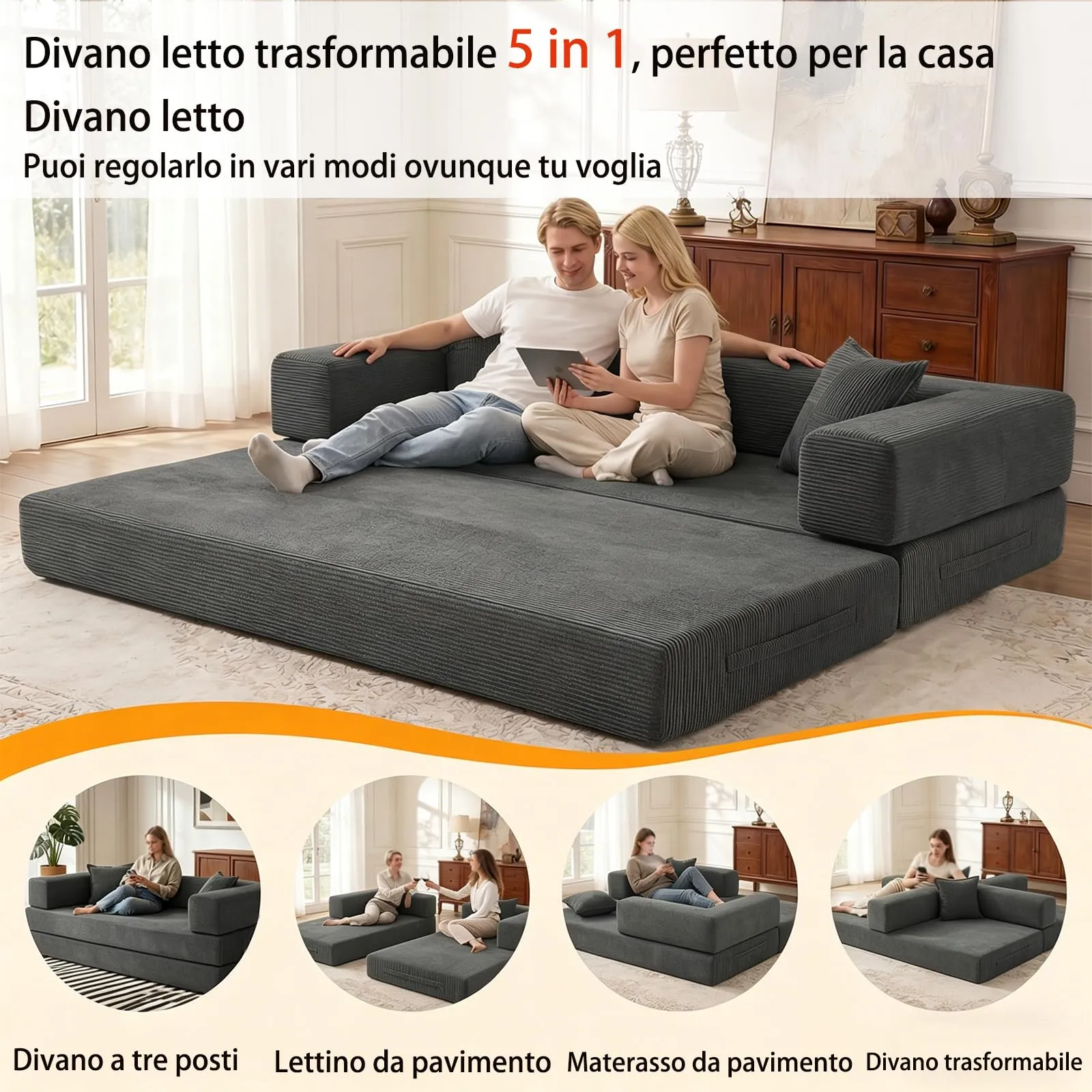 Vipbear Divano 2 Posti Modulare Estensibile 5-in-1, Cordino Premium, 160 cm, Grigio - immagine 2