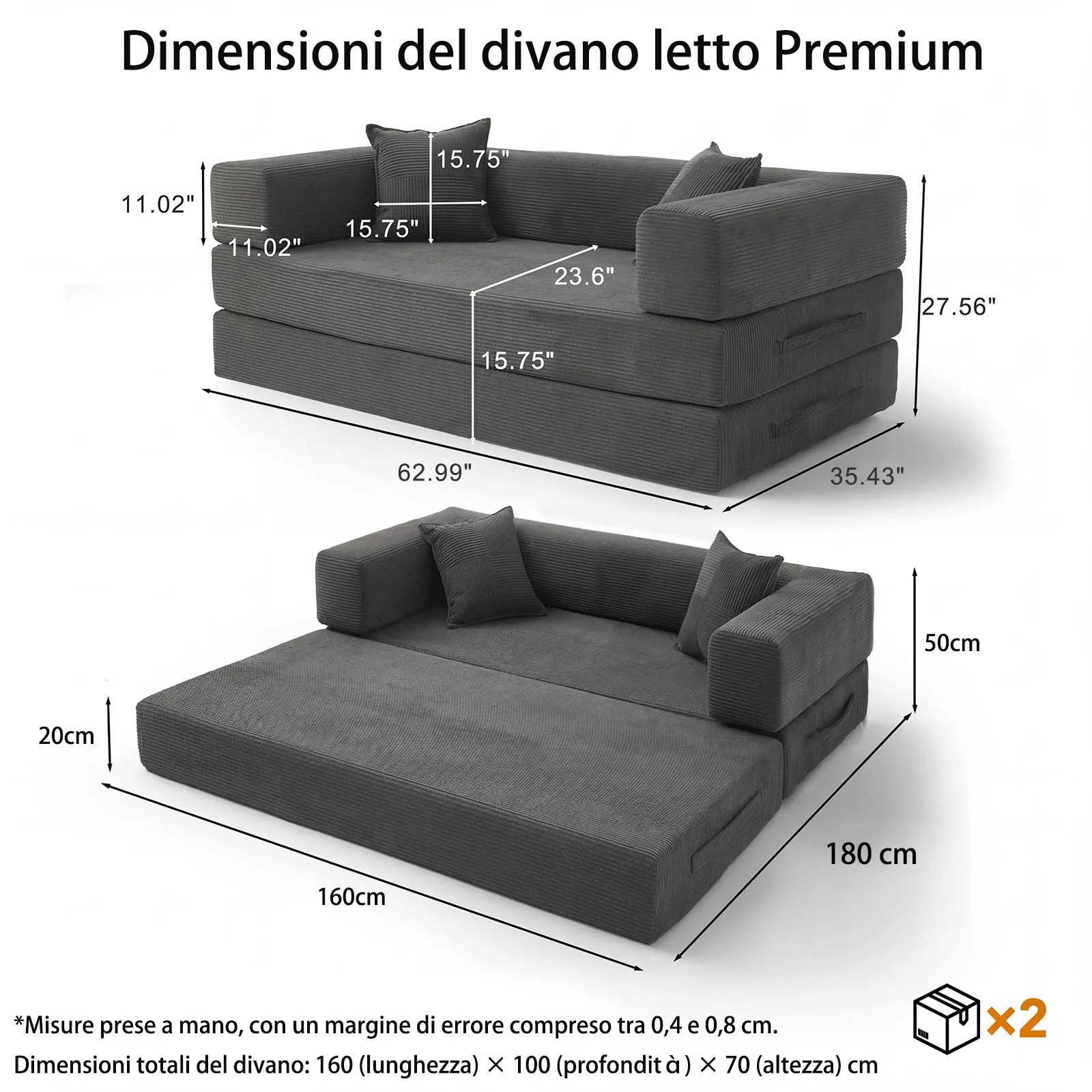 Vipbear Divano 2 Posti Modulare Estensibile 5-in-1, Cordino Premium, 160 cm, Grigio - immagine 3