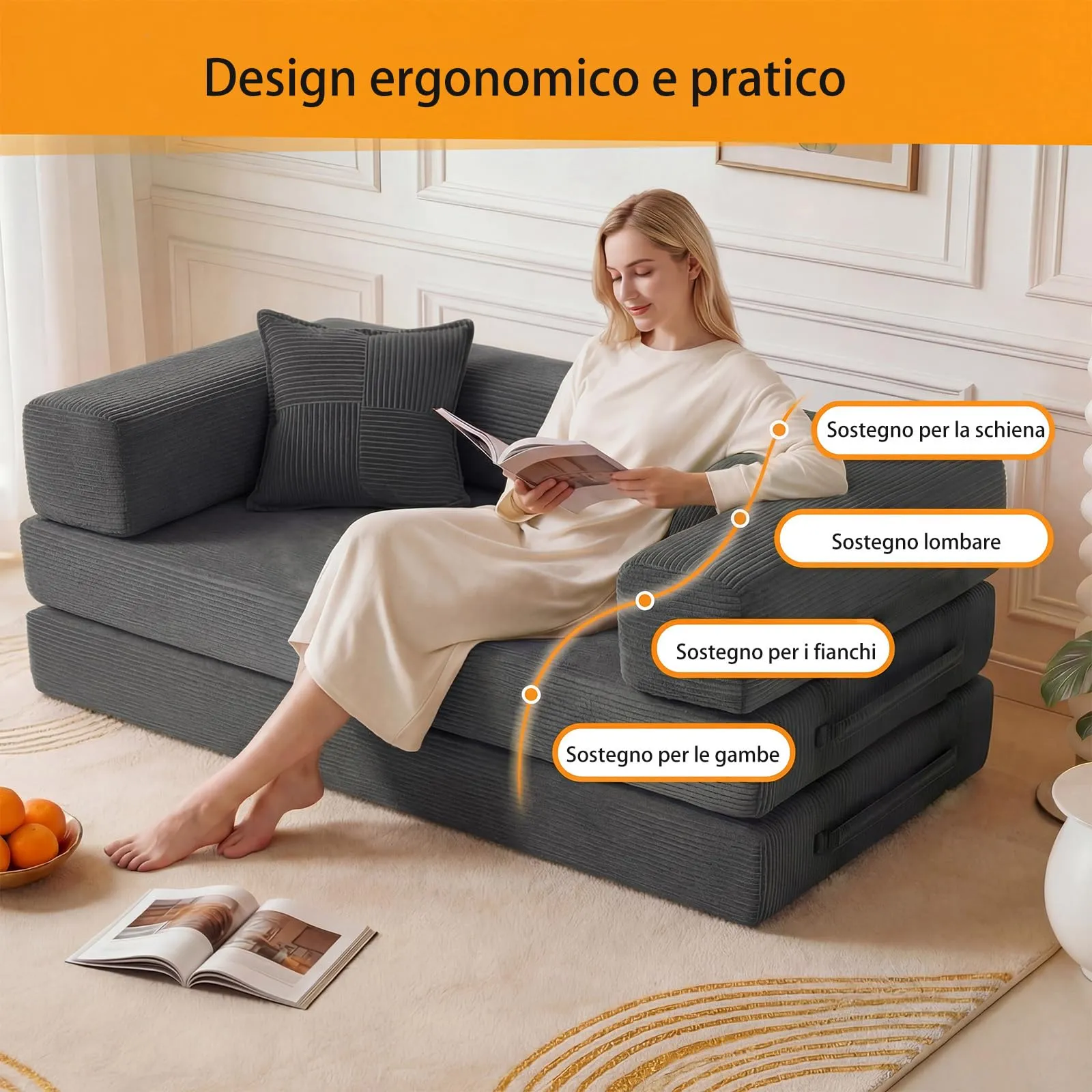 Vipbear Divano 2 Posti Modulare Estensibile 5-in-1, Cordino Premium, 160 cm, Grigio - immagine 5