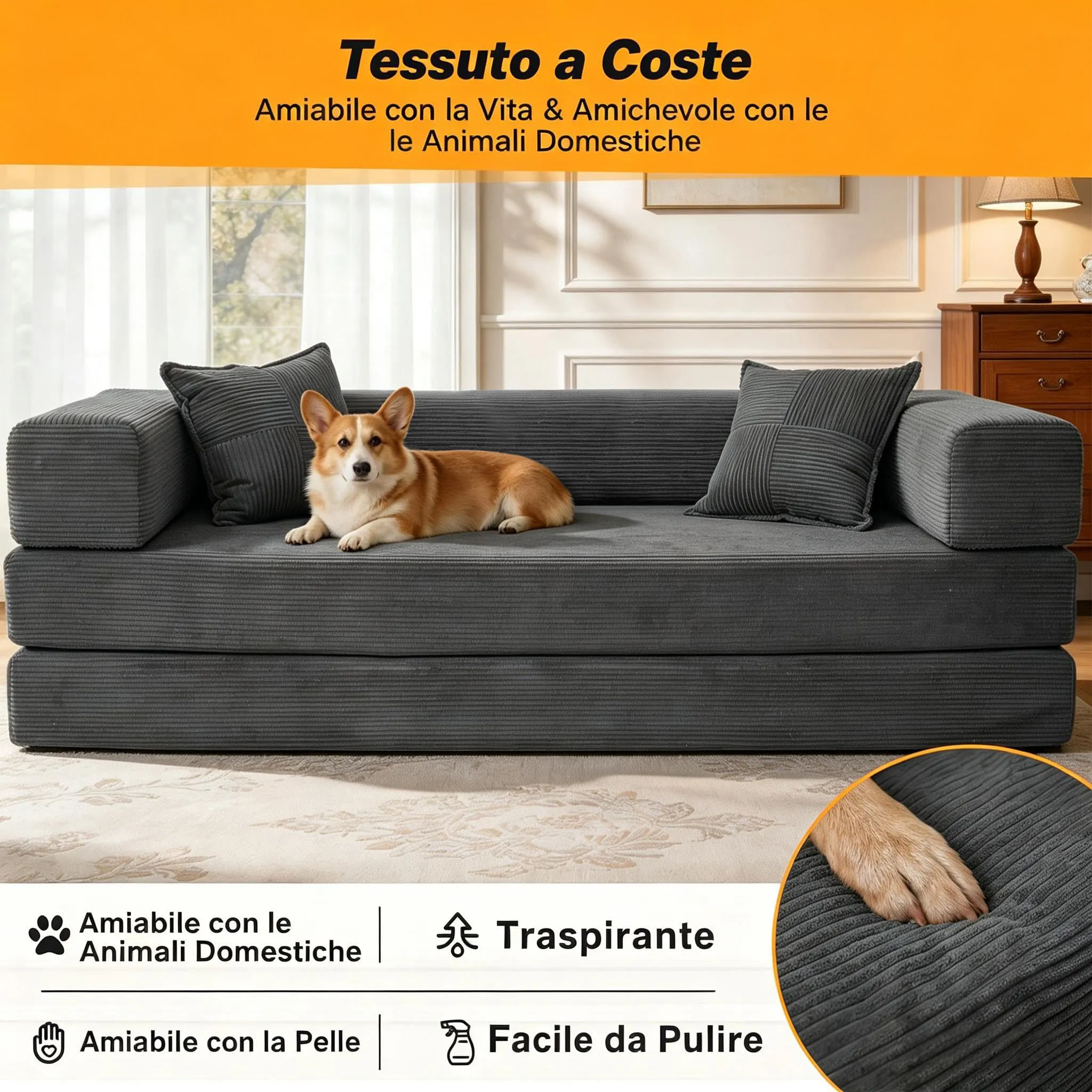 Vipbear Divano 2 Posti Modulare Estensibile 5-in-1, Cordino Premium, 160 cm, Grigio - immagine 6
