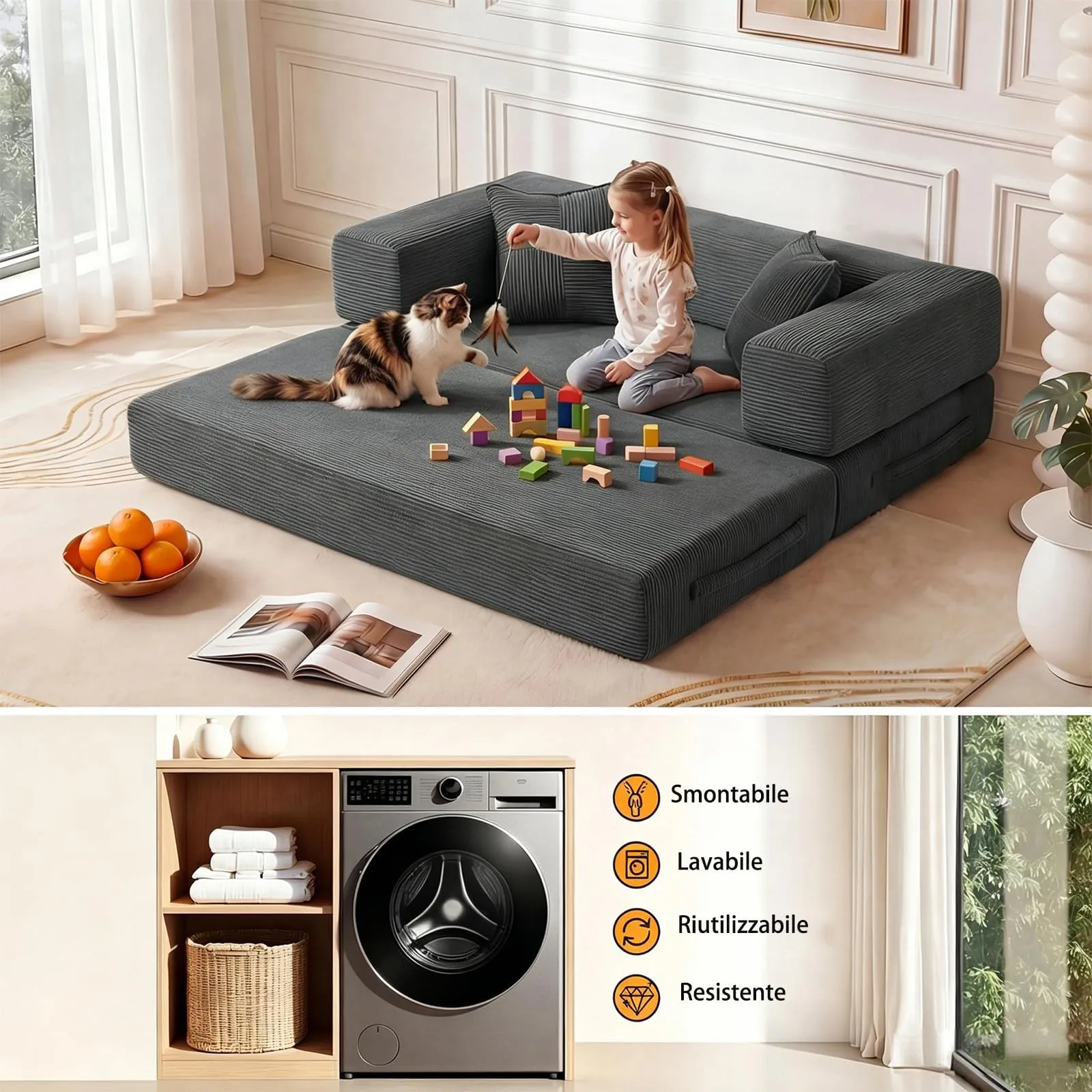 Vipbear Divano 2 Posti Modulare Estensibile 5-in-1, Cordino Premium, 160 cm, Grigio - immagine 7