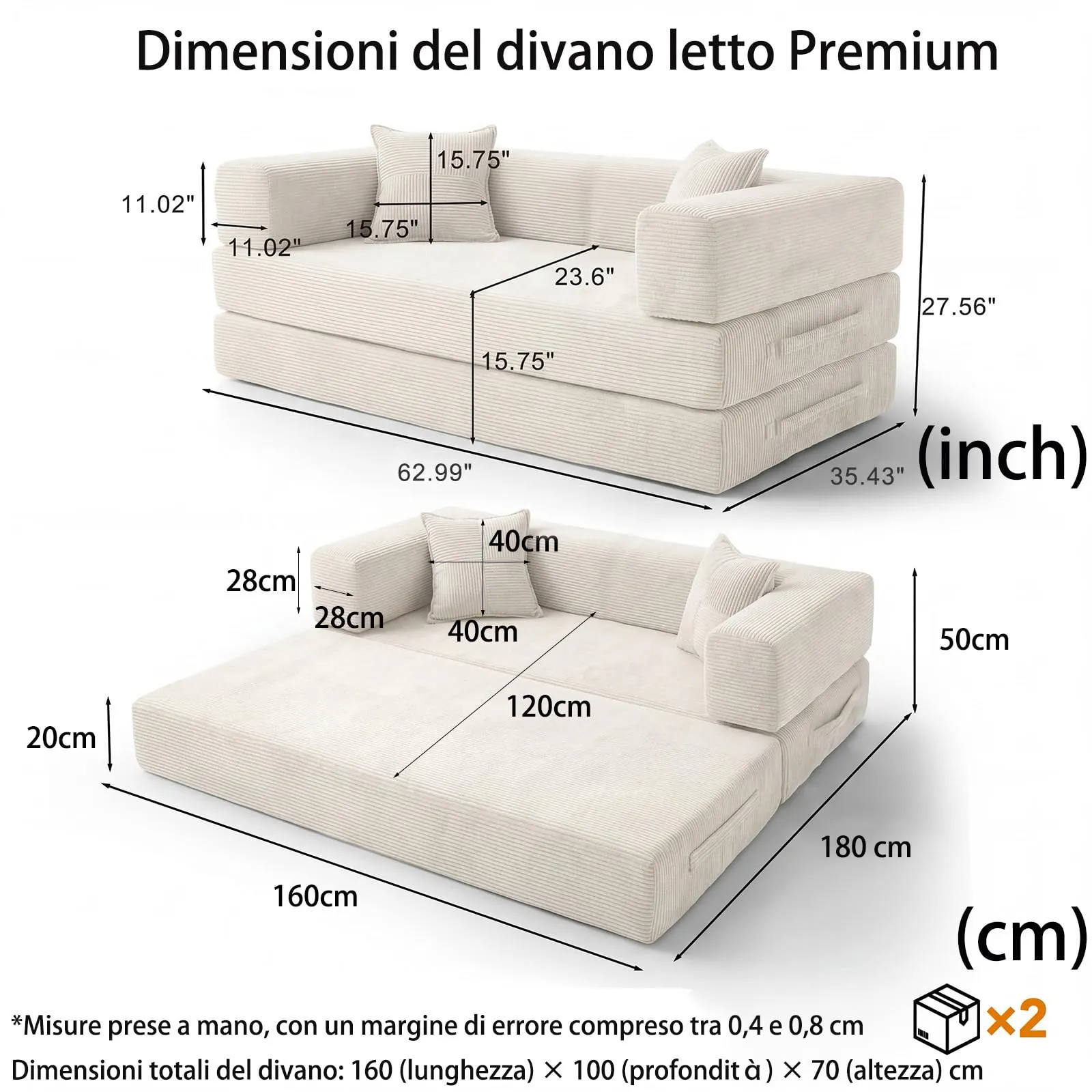 Vipbear Boneless Divano letto matrimoniale 160 cm, velluto a coste 5 in 1, memory foam, bianco - immagine 2