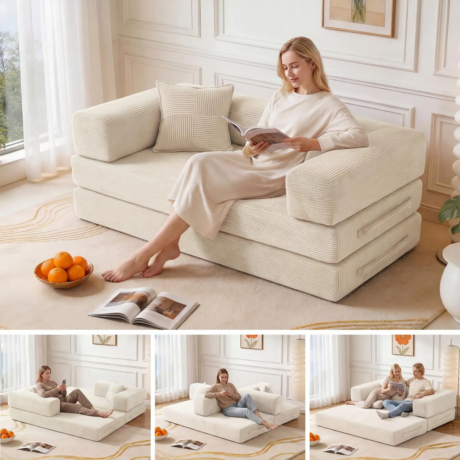 Vipbear Boneless Divano letto matrimoniale 160 cm, velluto a coste 5 in 1, memory foam, bianco - immagine 3