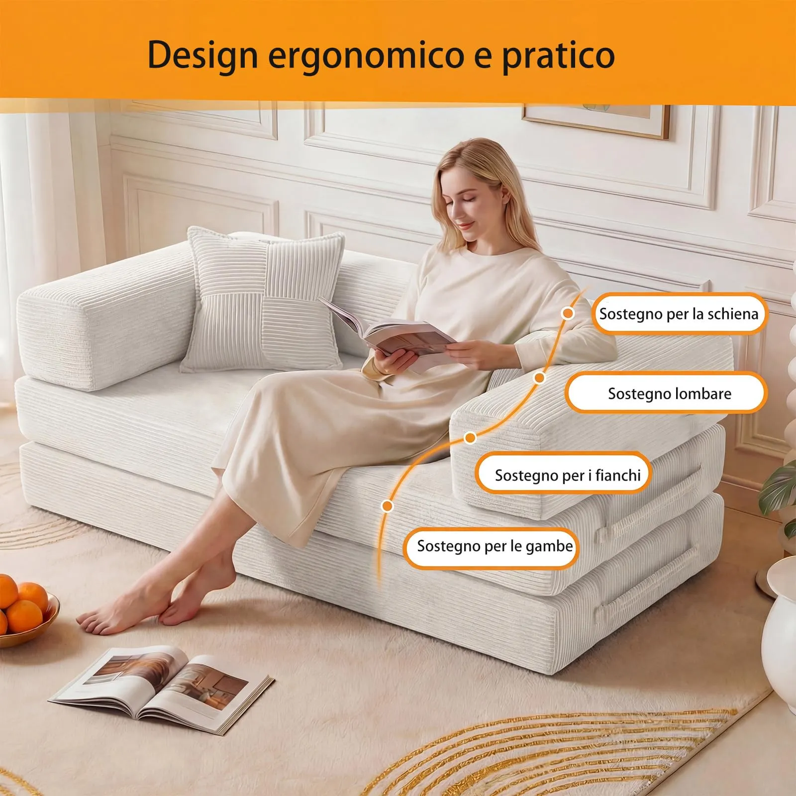 Vipbear Boneless Divano letto matrimoniale 160 cm, velluto a coste 5 in 1, memory foam, bianco - immagine 5