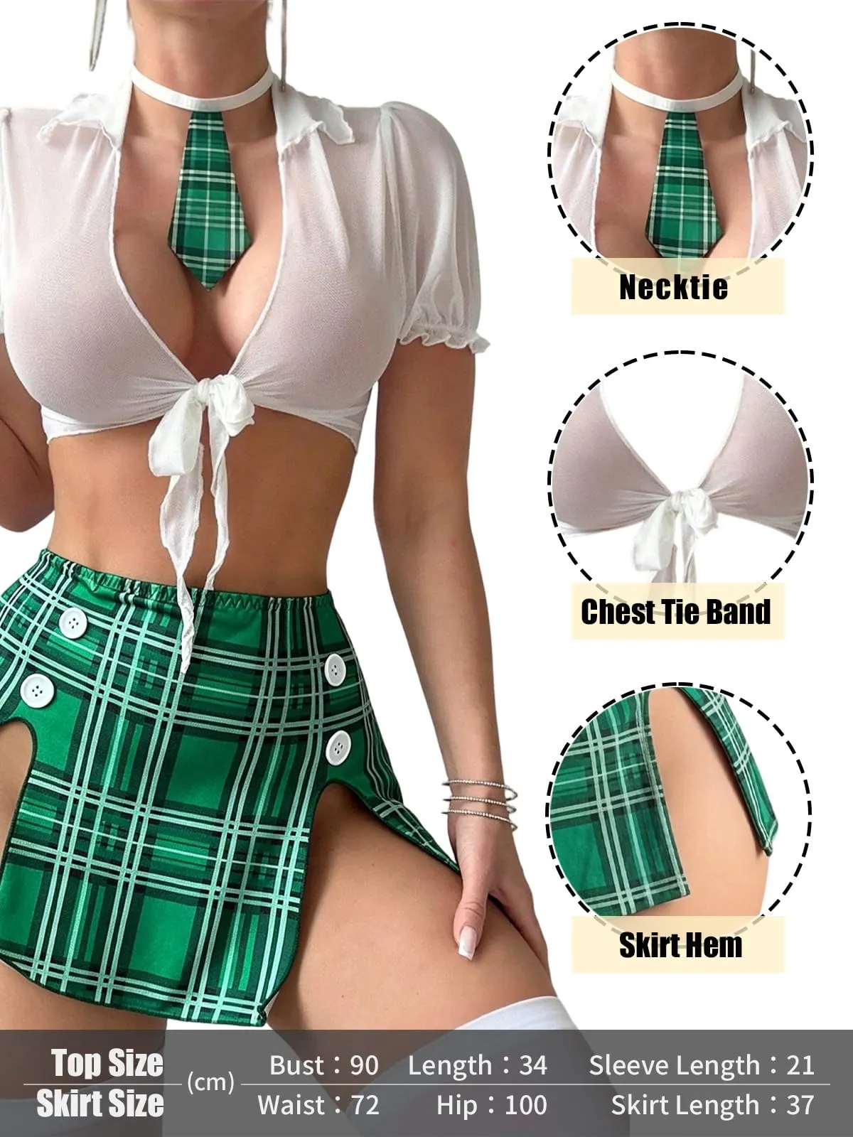 Rayson Completo Intimo Donna Uniforme Studentessa Cosplay Babydoll 5 Pezzi, Verde - immagine 5
