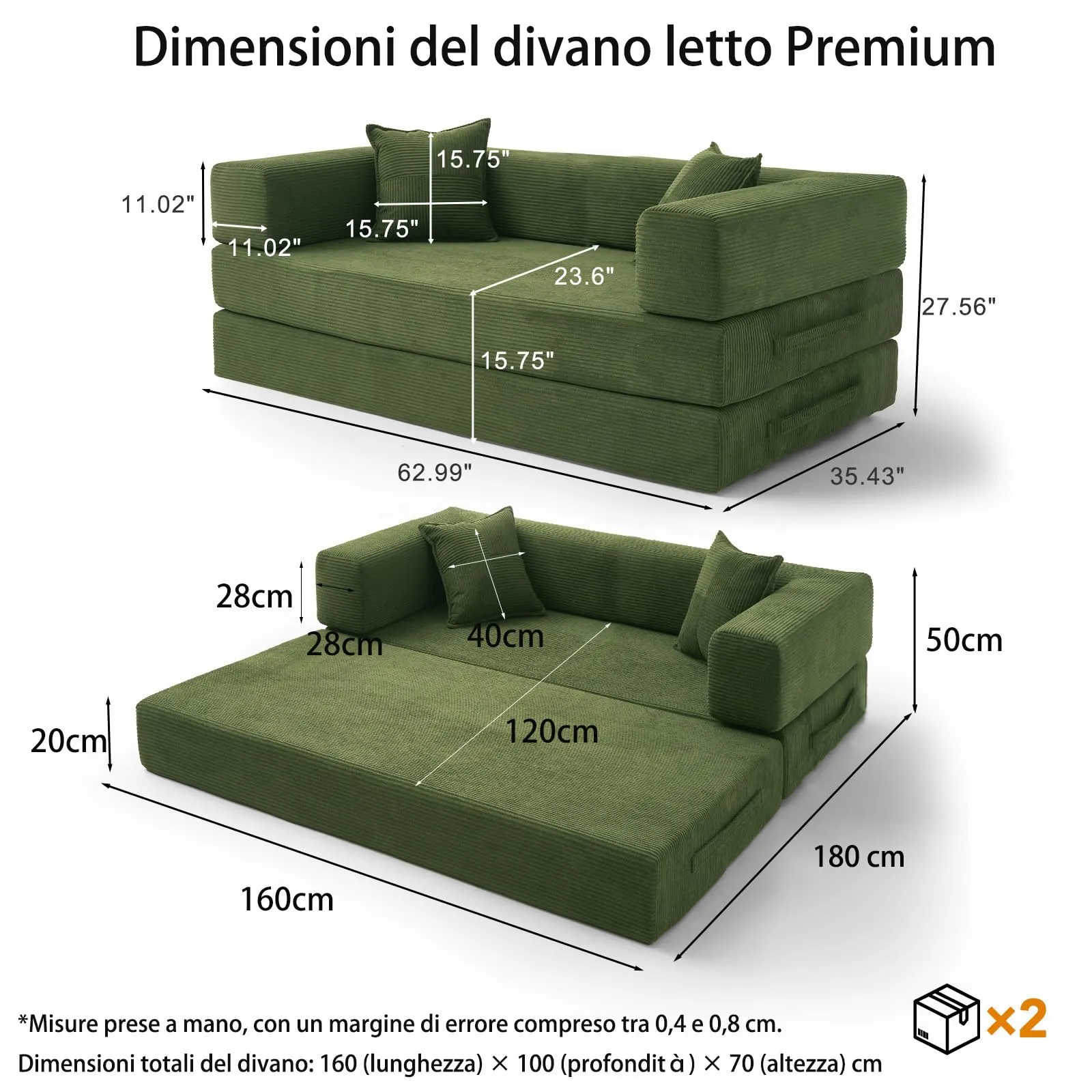 Vipbear Divano letto a 2 posti 160 cm verde K-S61-CO-GN - immagine 2
