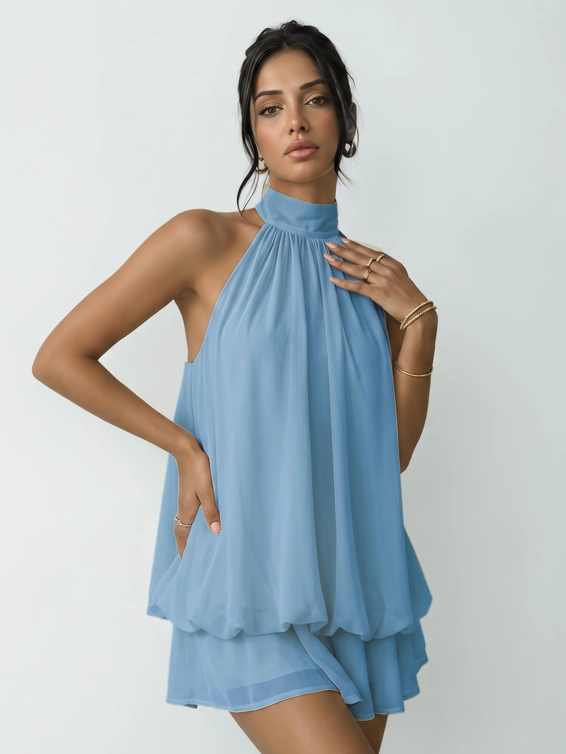 Xiaoliny Vestito Donna Elegante Senza Maniche Mini Abito Scollo Halter in Chiffon con Volant e Schiena Scoperta - immagine 5