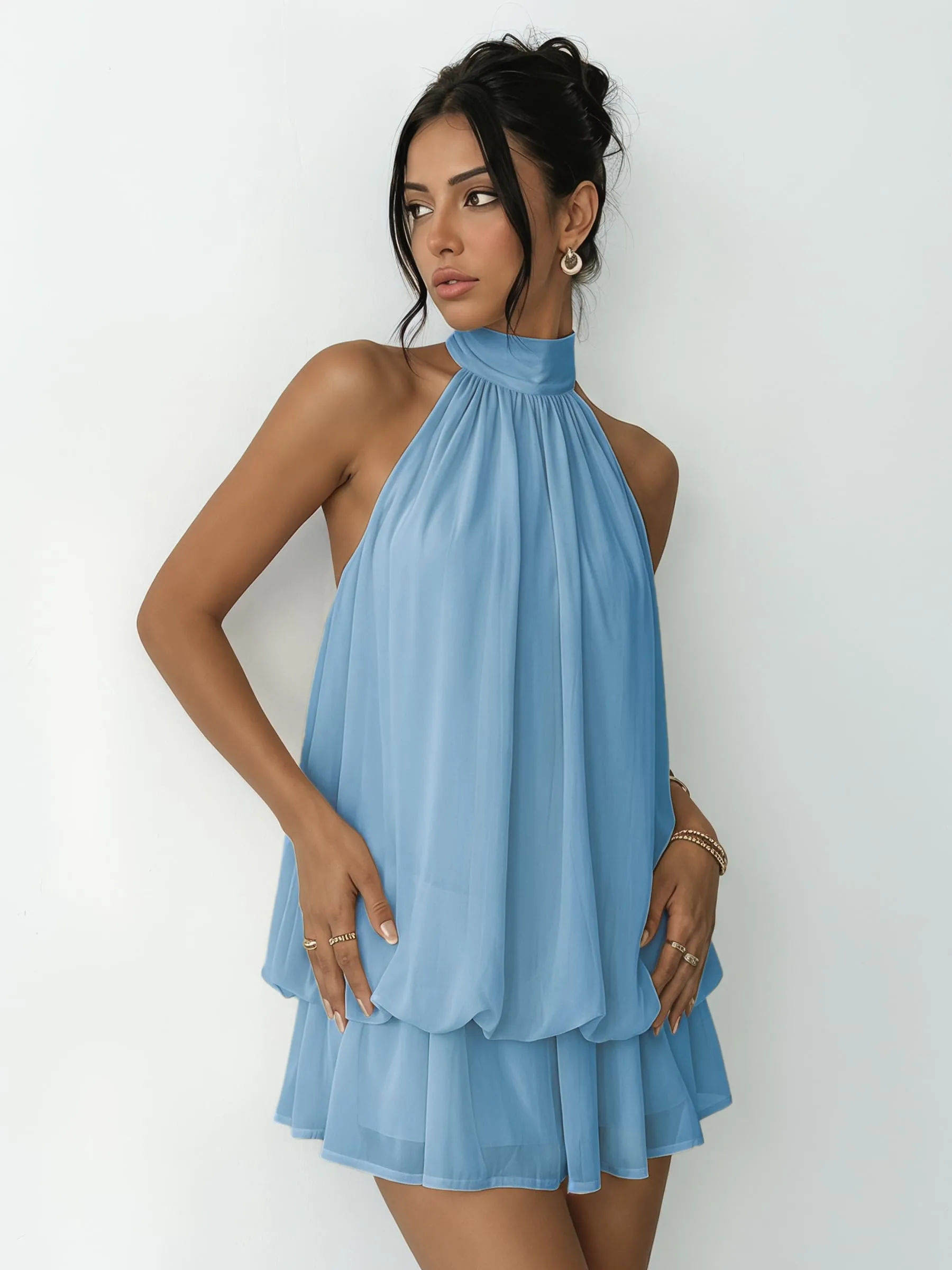 Xiaoliny Vestito Donna Elegante Senza Maniche Mini Abito Scollo Halter in Chiffon con Volant e Schiena Scoperta - immagine 7