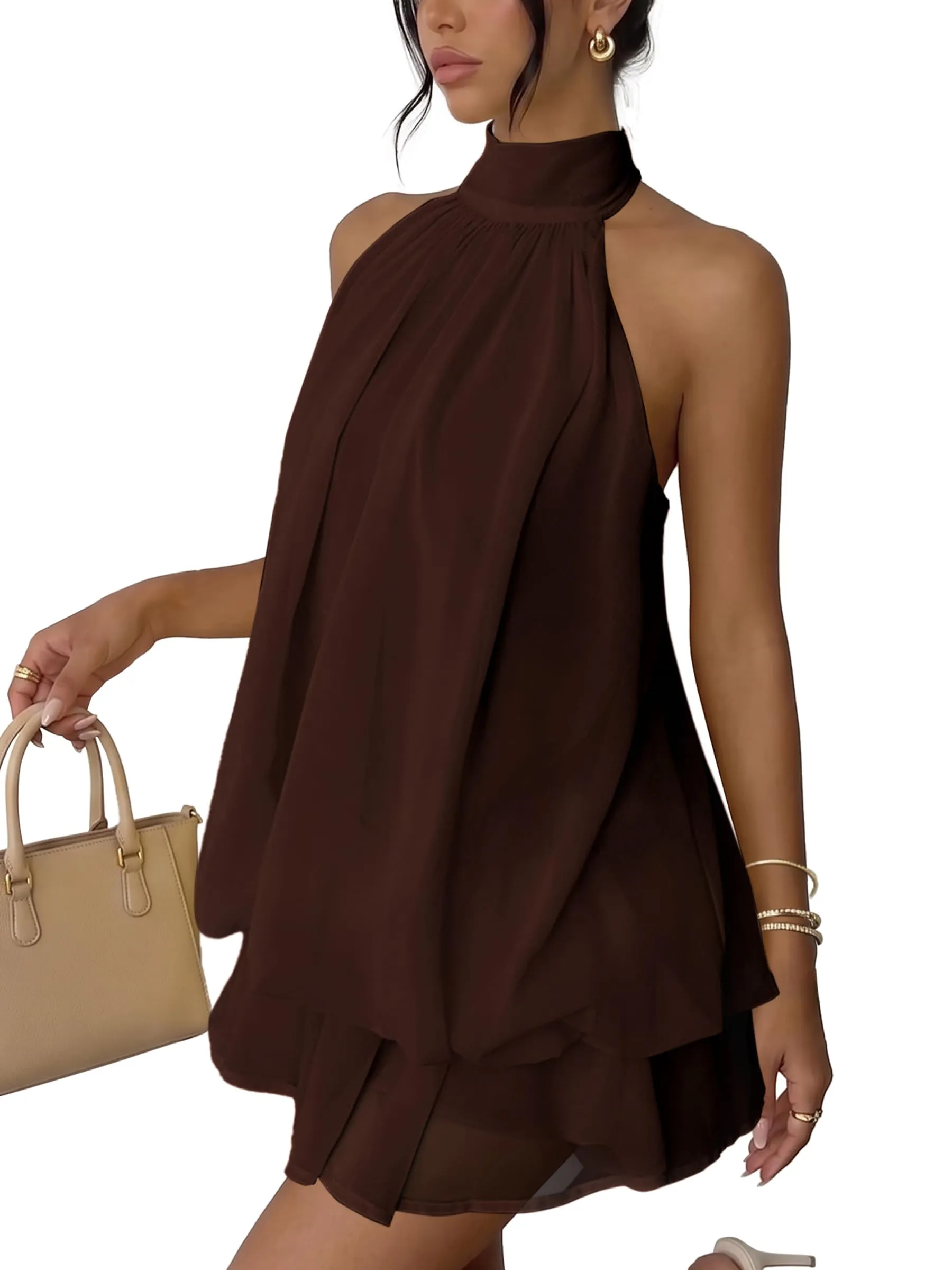 Xiaoliny Vestito Donna Elegante Senza Maniche Mini Abito in Chiffon Scollo Halter e Volant Schiena Scoperta con Laccio - immagine 1