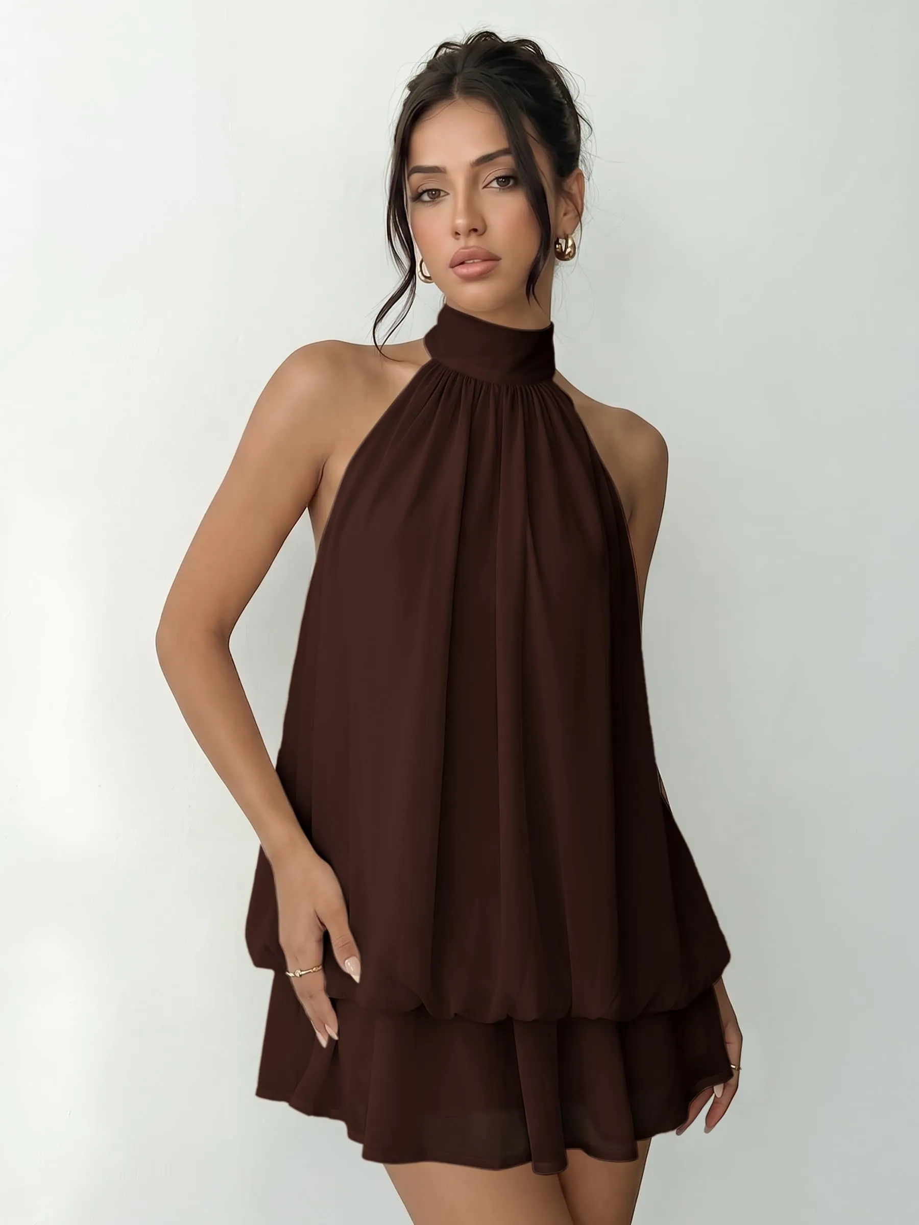 Xiaoliny Vestito Donna Elegante Senza Maniche Mini Abito in Chiffon Scollo Halter e Volant Schiena Scoperta con Laccio - immagine 6