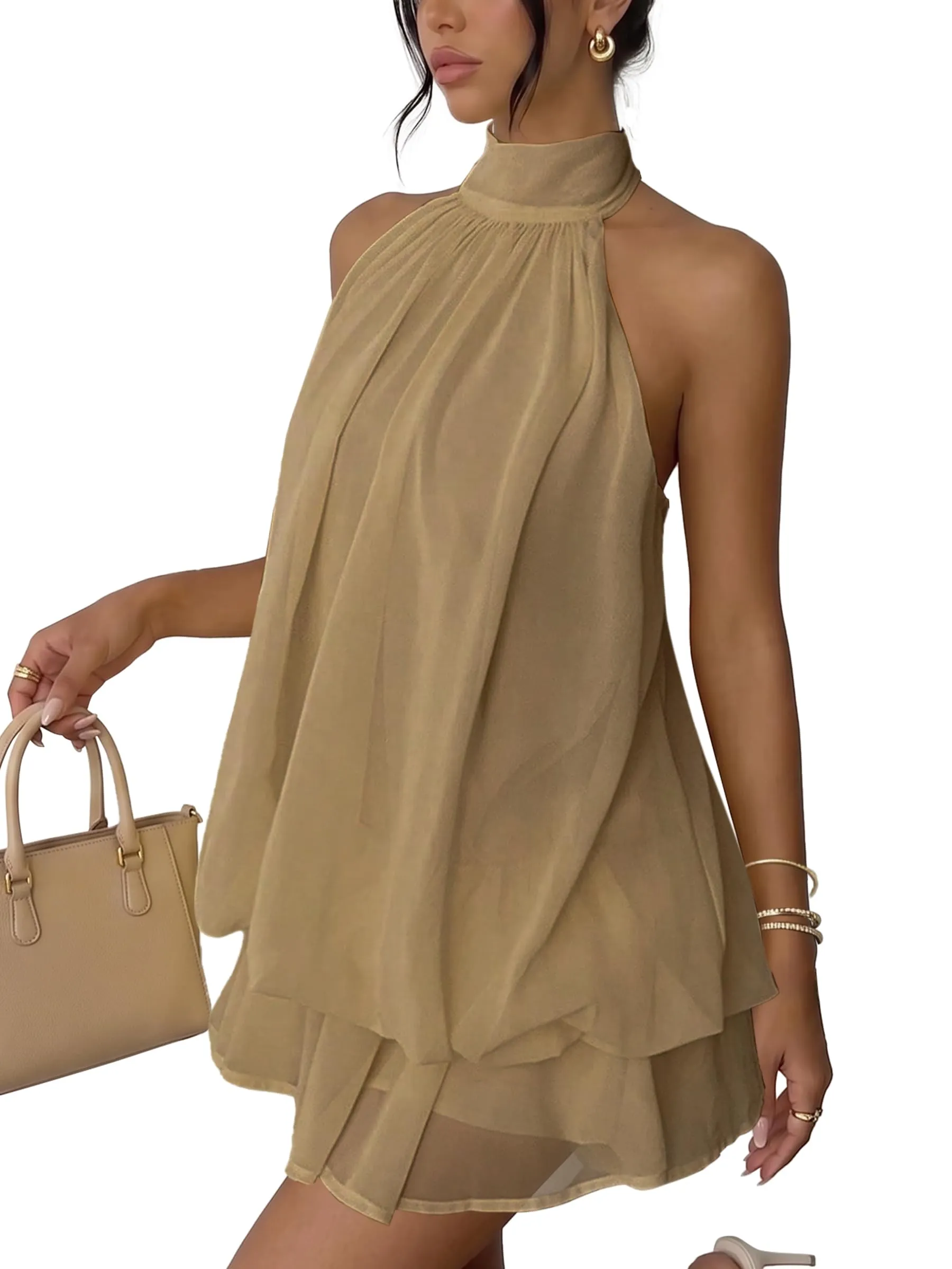 Xiaoliny Vestito Donna Elegante Senza Maniche Mini Abito Scollo Halter e Volant in Chiffon Schiena Scoperta con Laccio - immagine 1