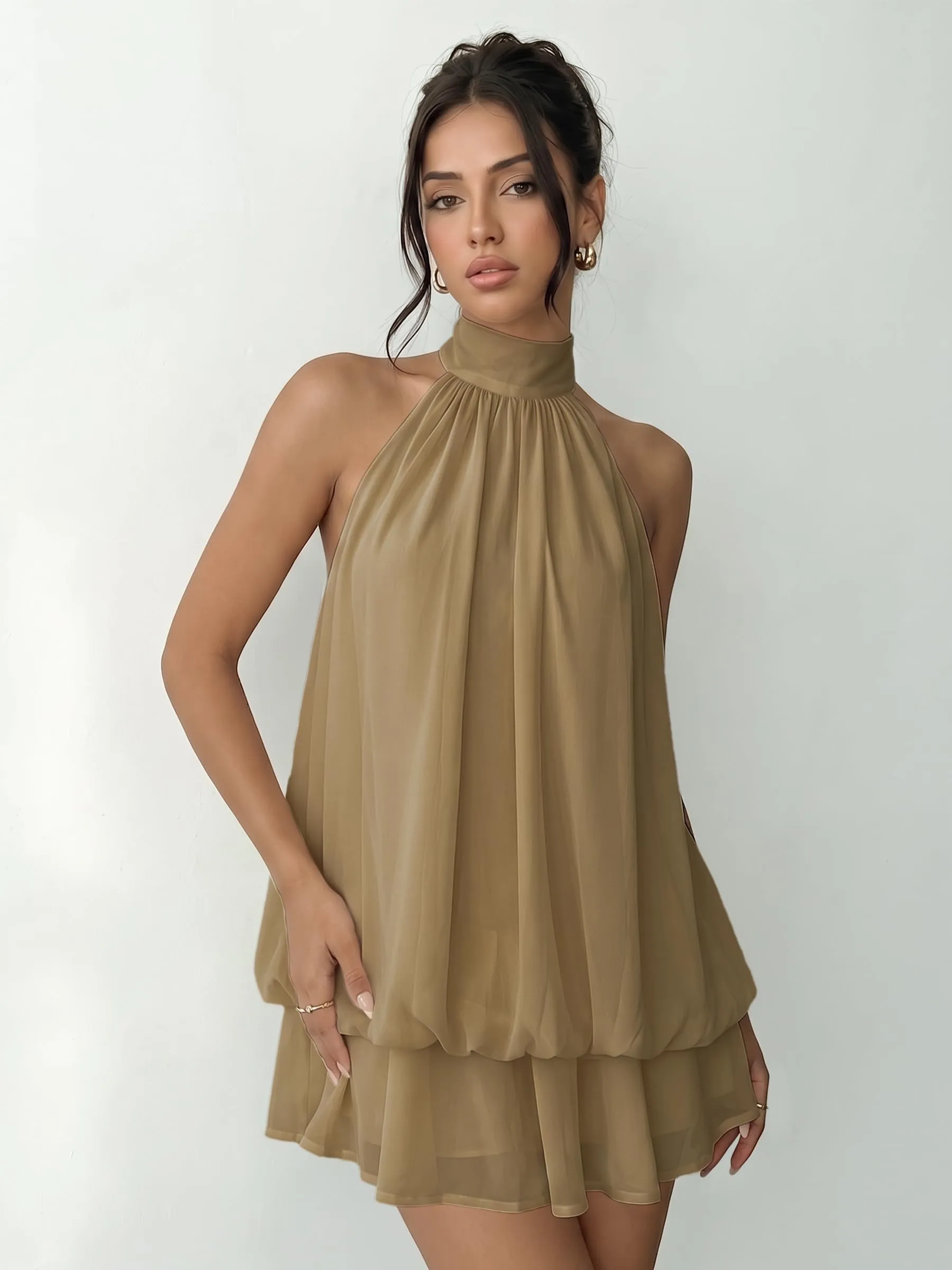 Xiaoliny Vestito Donna Elegante Senza Maniche Mini Abito Scollo Halter e Volant in Chiffon Schiena Scoperta con Laccio - immagine 6