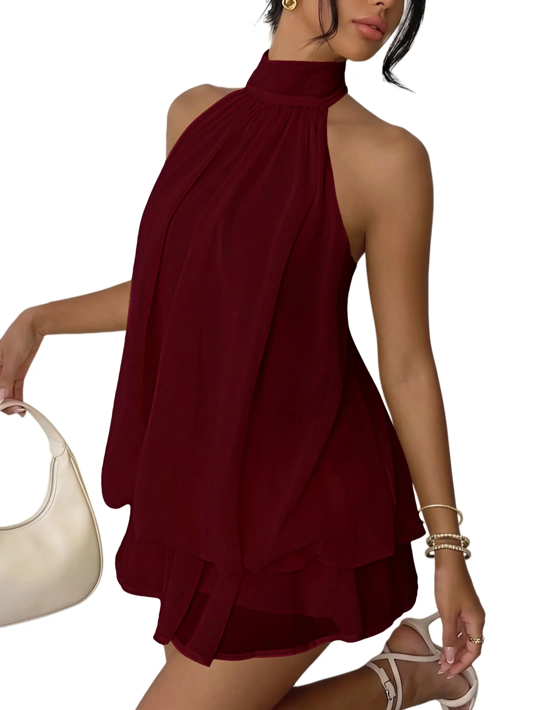 Xiaoliny Vestito Donna Elegante Senza Maniche Mini Abito Scollo Halter e Volant in Chiffon Schiena Scoperta con Laccio - immagine 1