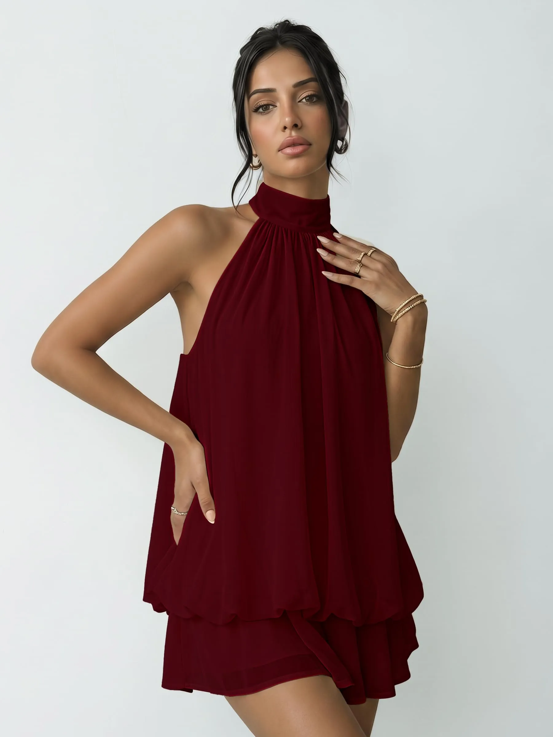 Xiaoliny Vestito Donna Elegante Senza Maniche Mini Abito Scollo Halter e Volant in Chiffon Schiena Scoperta con Laccio - immagine 6