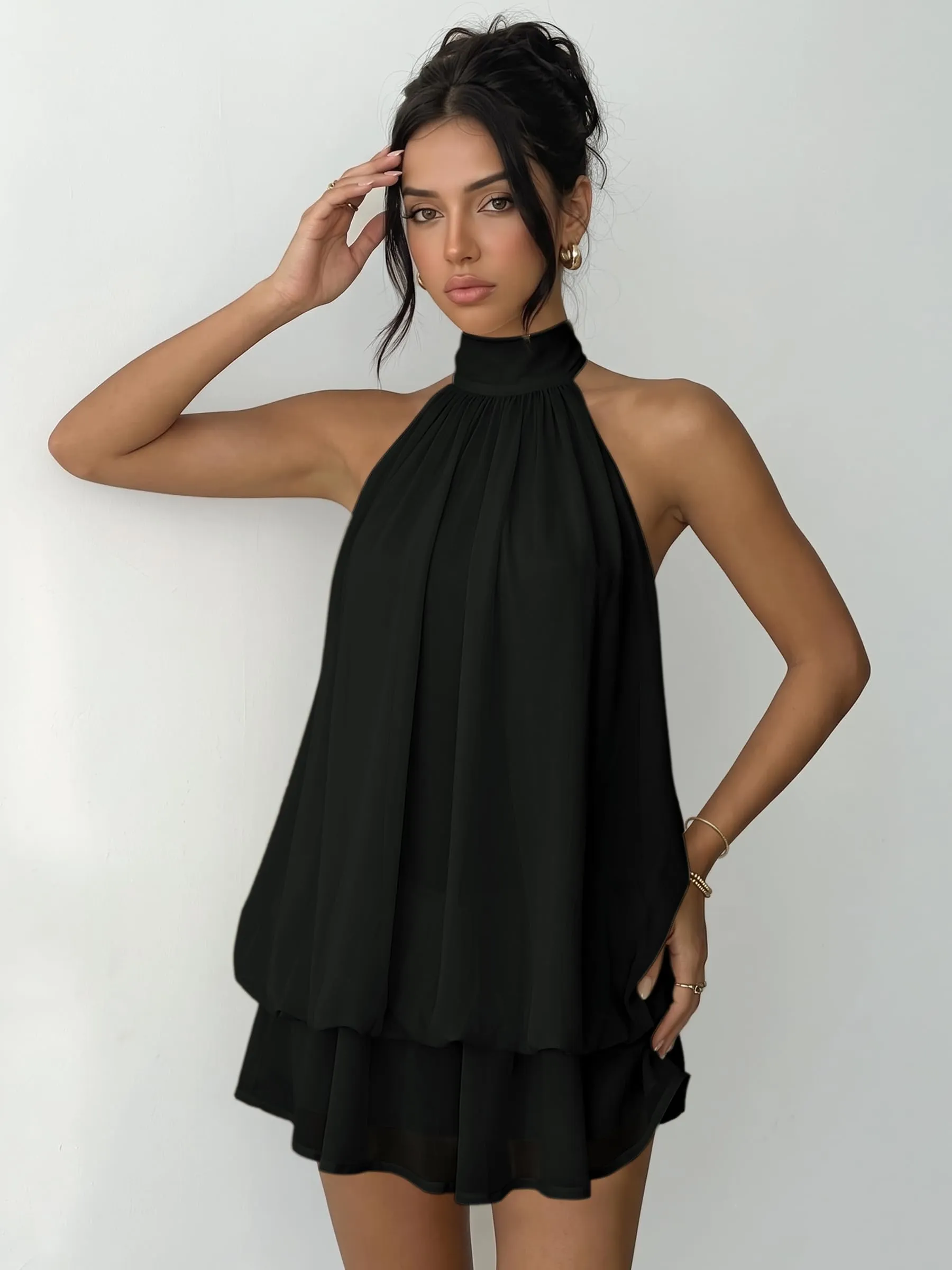 Xiaoliny Vestito Donna Elegante Senza Maniche Mini Abito Scollo Halter in Chiffon con Volant e Schiena Scoperta - immagine 3