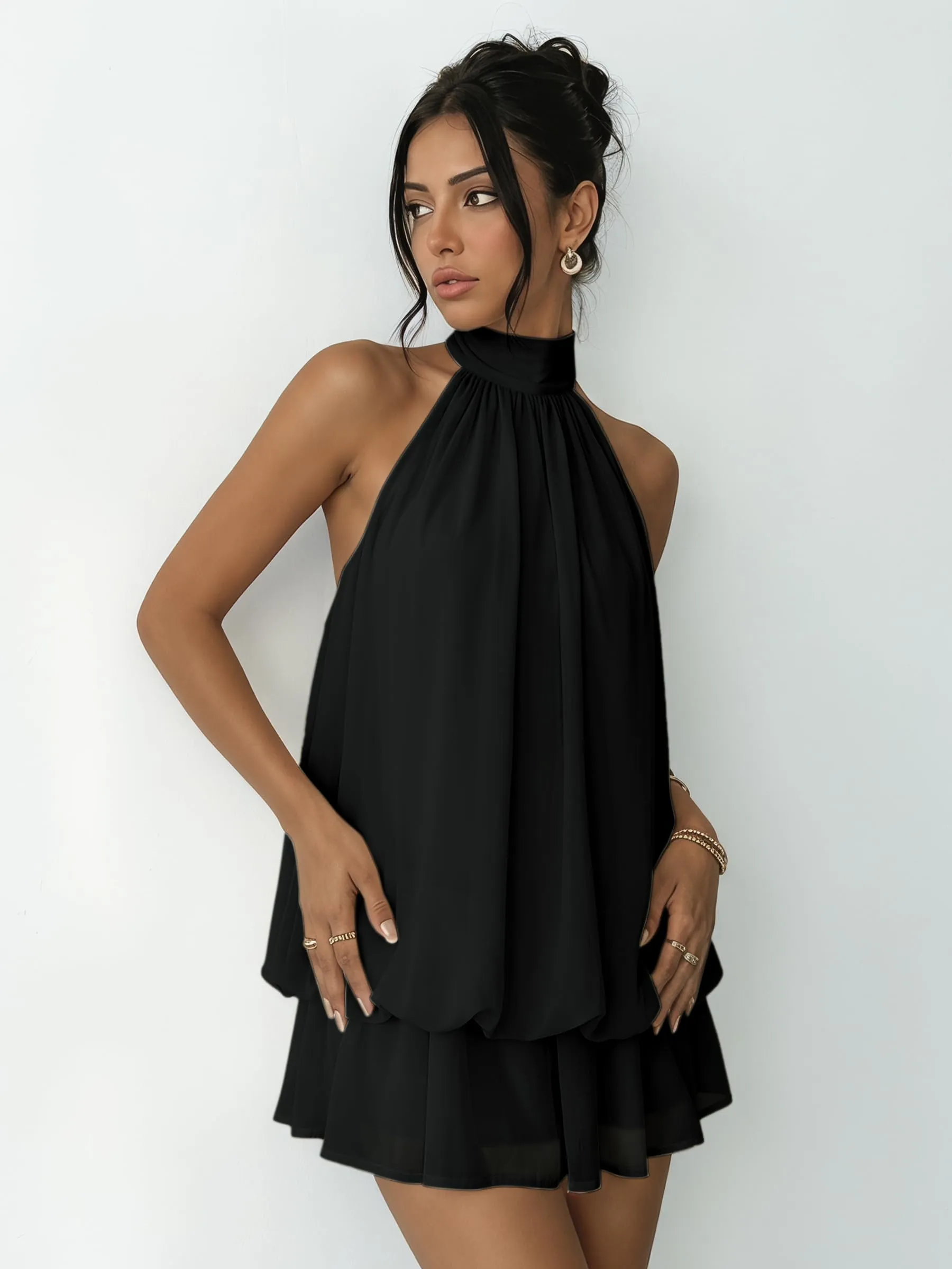 Xiaoliny Vestito Donna Elegante Senza Maniche Mini Abito Scollo Halter in Chiffon con Volant e Schiena Scoperta - immagine 7