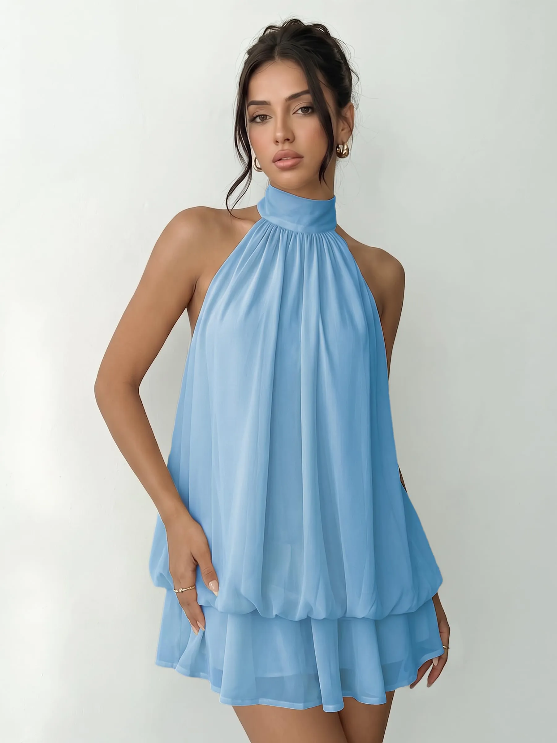 Xiaoliny Vestito Donna Elegante in Chiffon Senza Maniche Mini Abito Scollo Halter con Volant e Schiena Scoperta - immagine 6