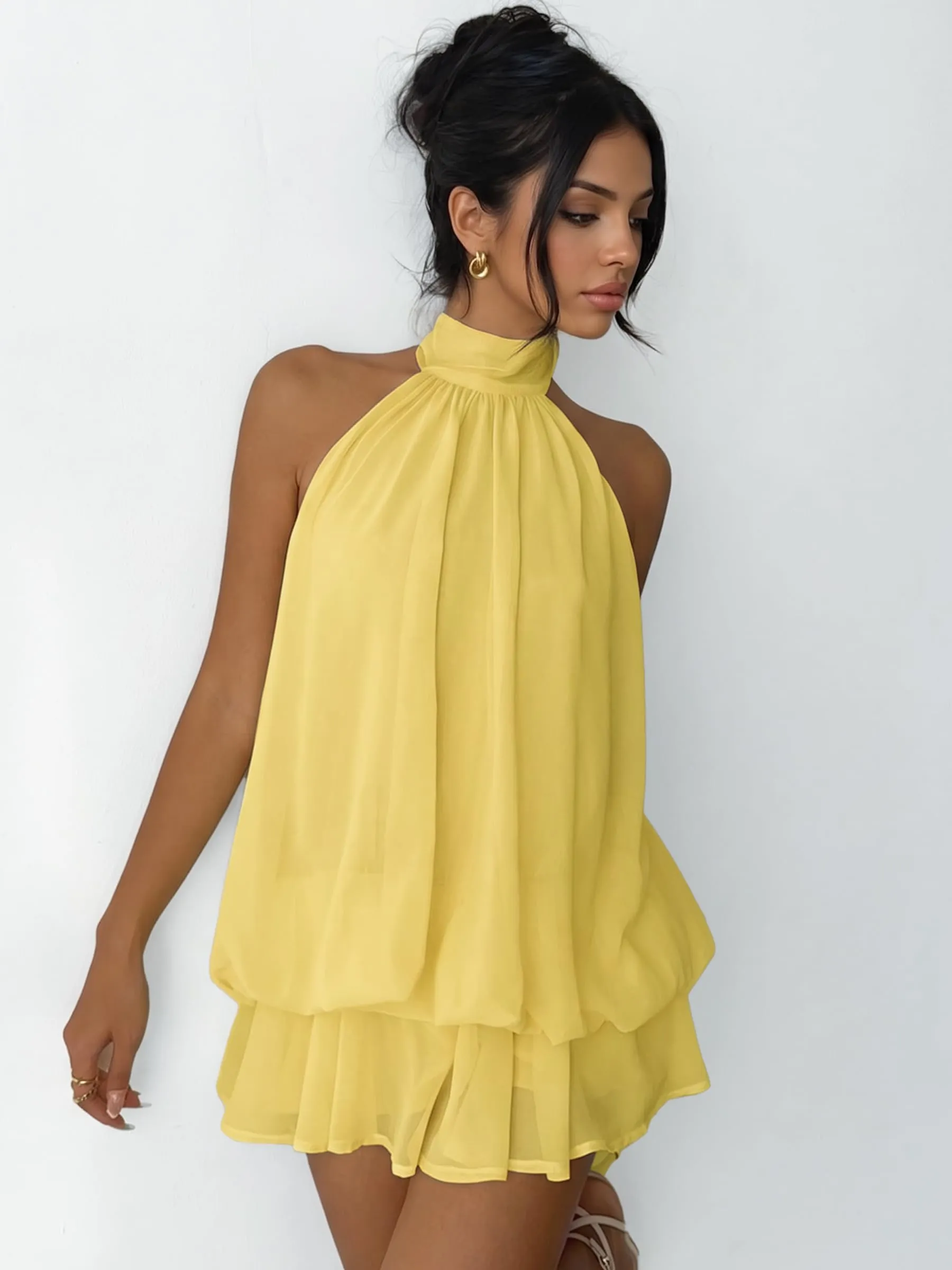 Xiaoliny Vestito Donna Elegante Senza Maniche Mini Abito in Chiffon con Scollo Halter e Volant - immagine 4