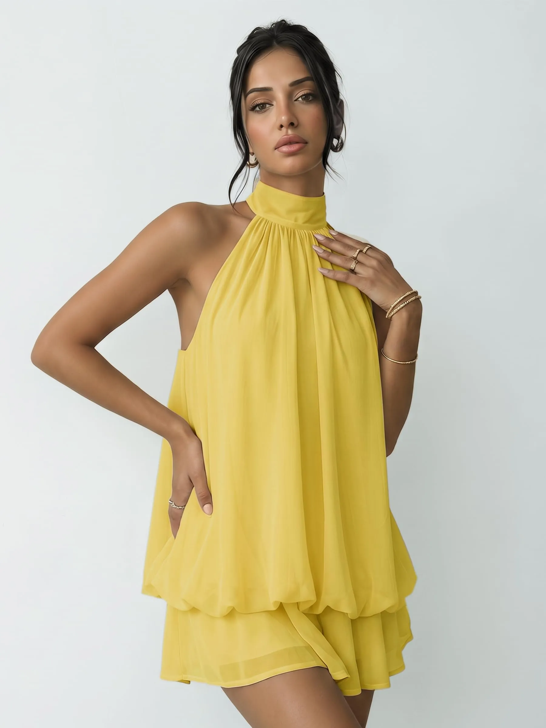 Xiaoliny Vestito Donna Elegante Senza Maniche Mini Abito in Chiffon con Scollo Halter e Volant - immagine 5