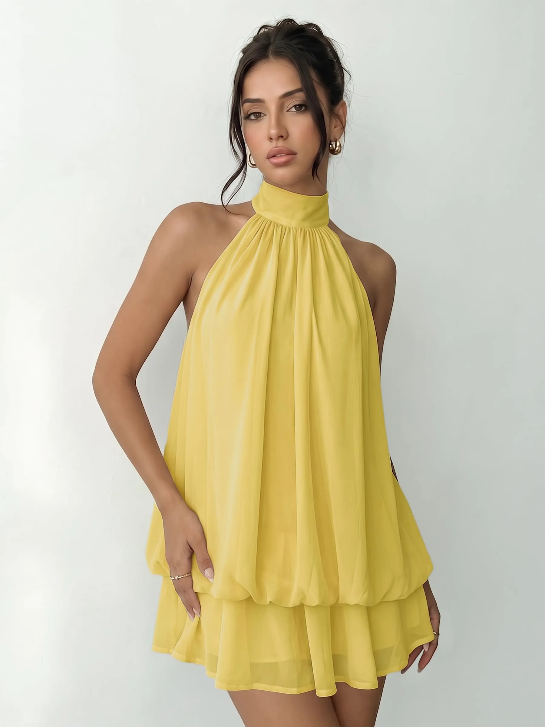 Xiaoliny Vestito Donna Elegante Senza Maniche Mini Abito in Chiffon con Scollo Halter e Volant - immagine 6