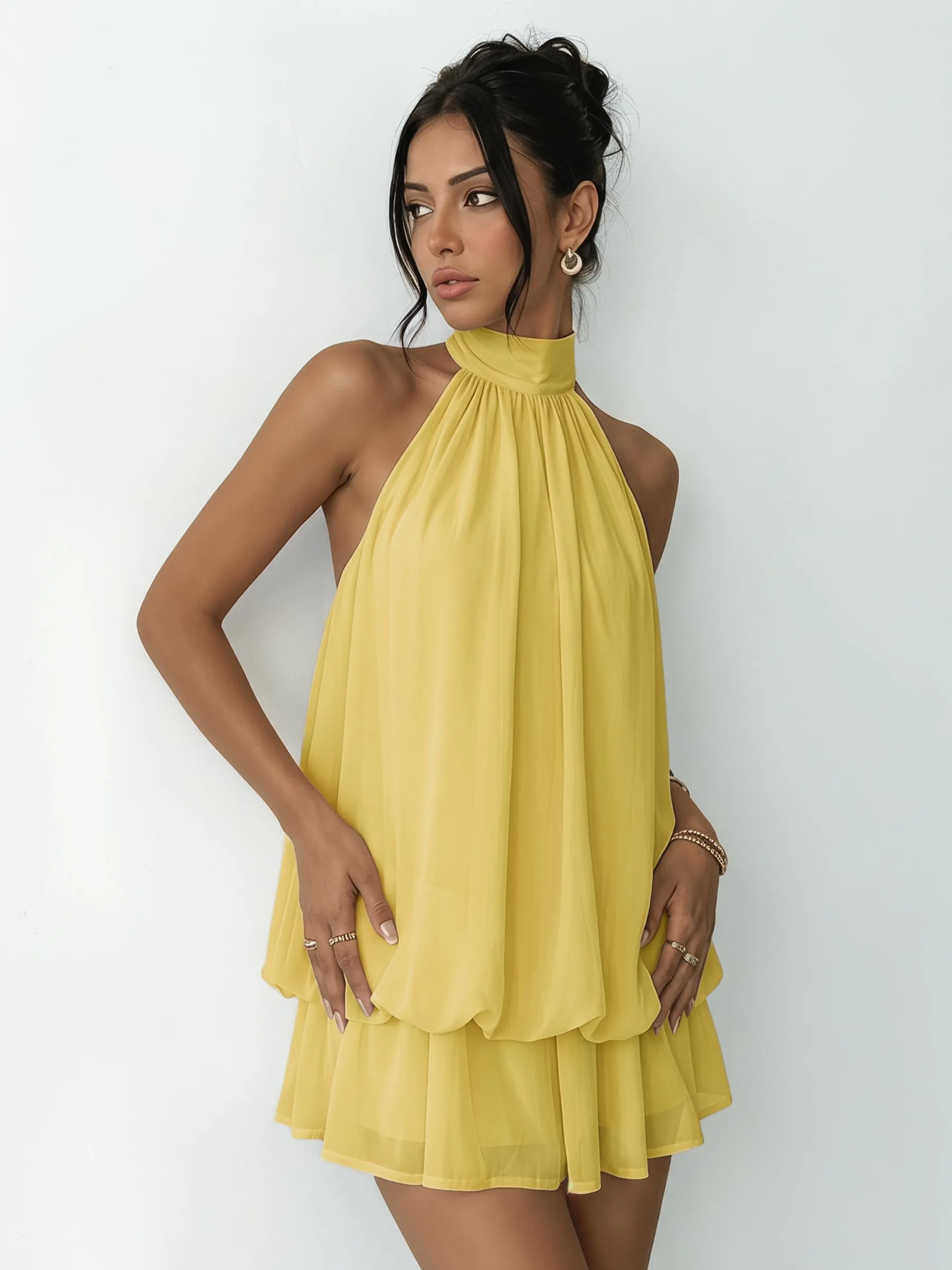 Xiaoliny Vestito Donna Elegante Senza Maniche Mini Abito in Chiffon con Scollo Halter e Volant - immagine 7