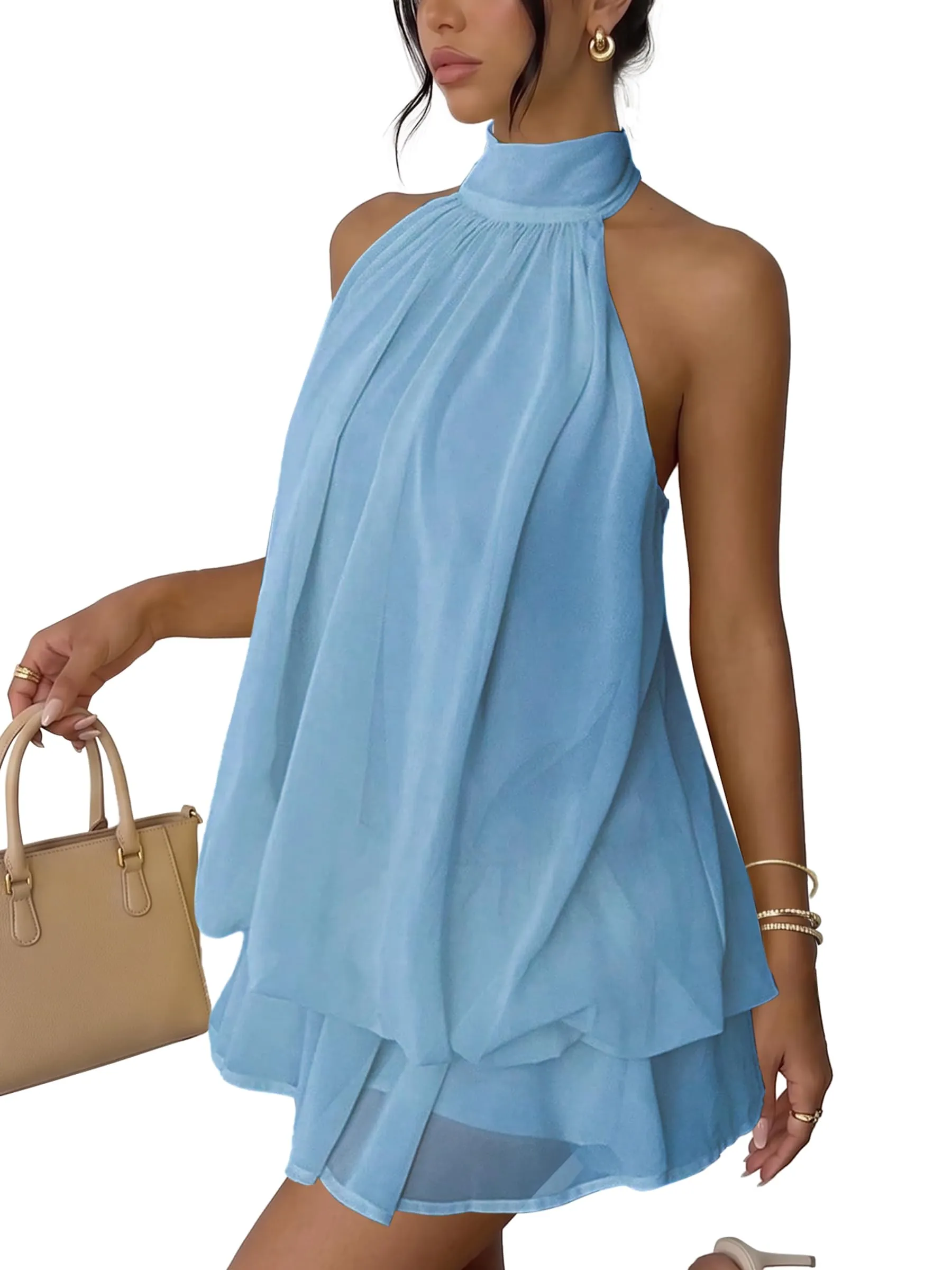 Xiaoliny Vestito Donna Elegante Senza Maniche Mini Abito in Chiffon con Scollo Halter e Volant - immagine 1