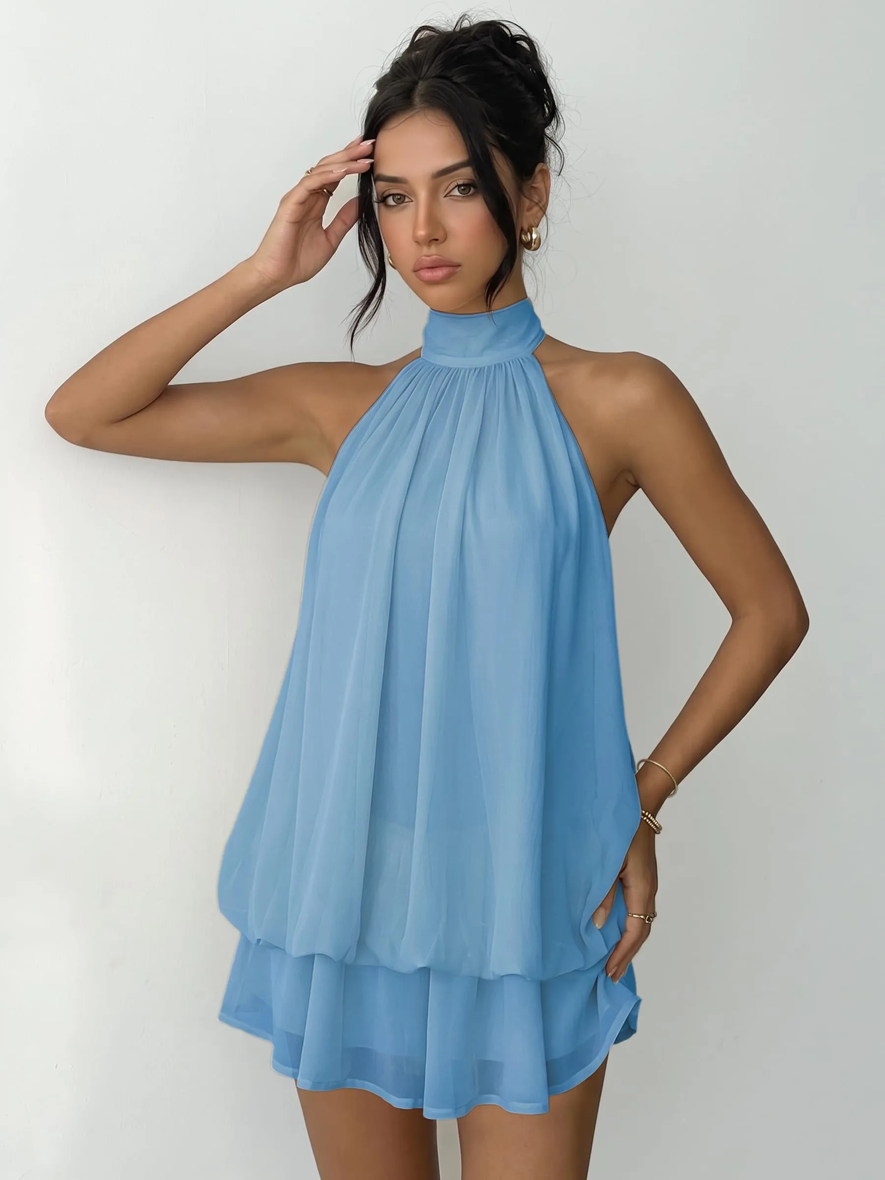 Xiaoliny Vestito Donna Elegante Senza Maniche Mini Abito in Chiffon con Scollo Halter e Volant - immagine 3