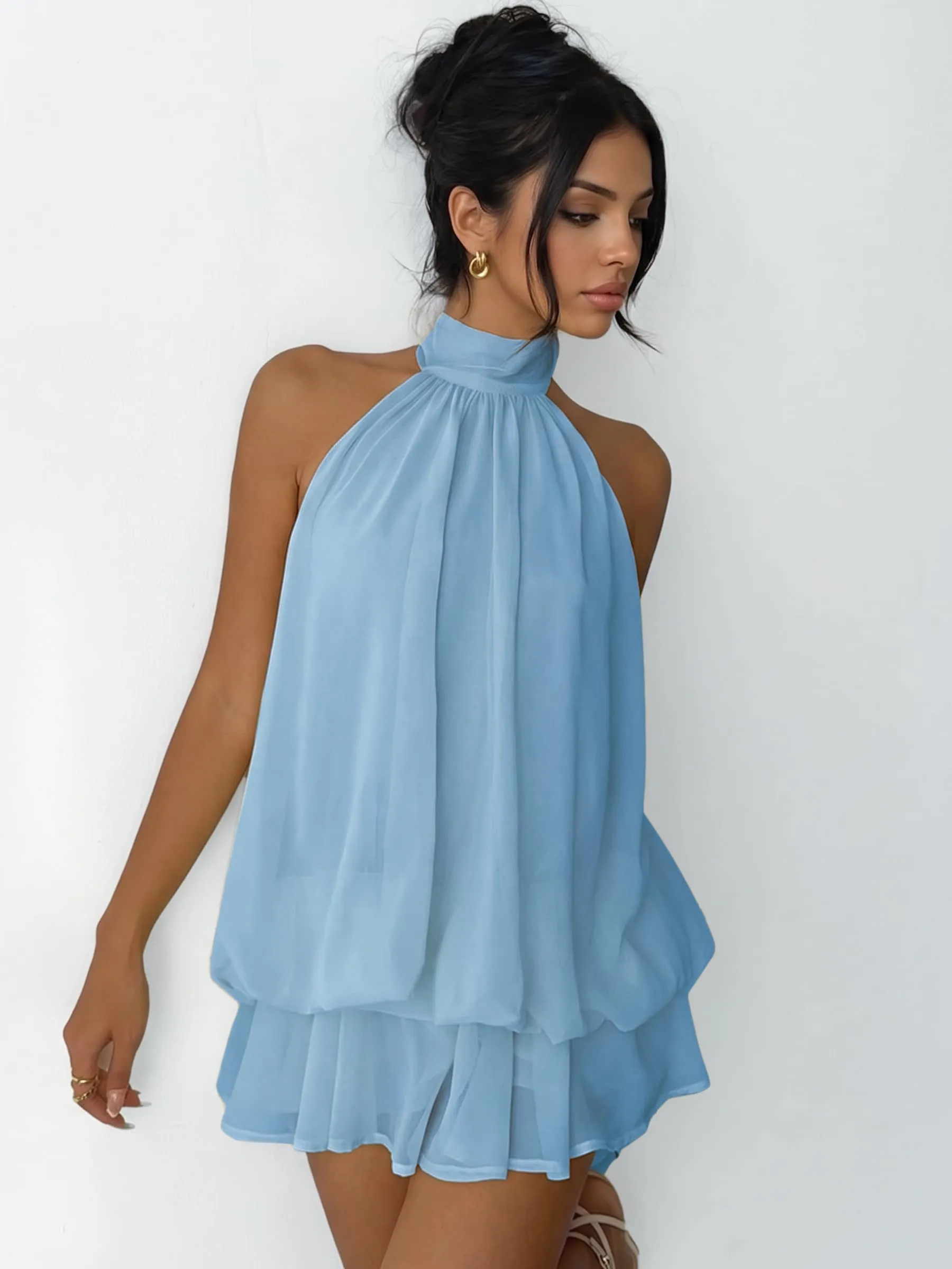 Xiaoliny Vestito Donna Elegante Senza Maniche Mini Abito in Chiffon con Scollo Halter e Volant - immagine 4