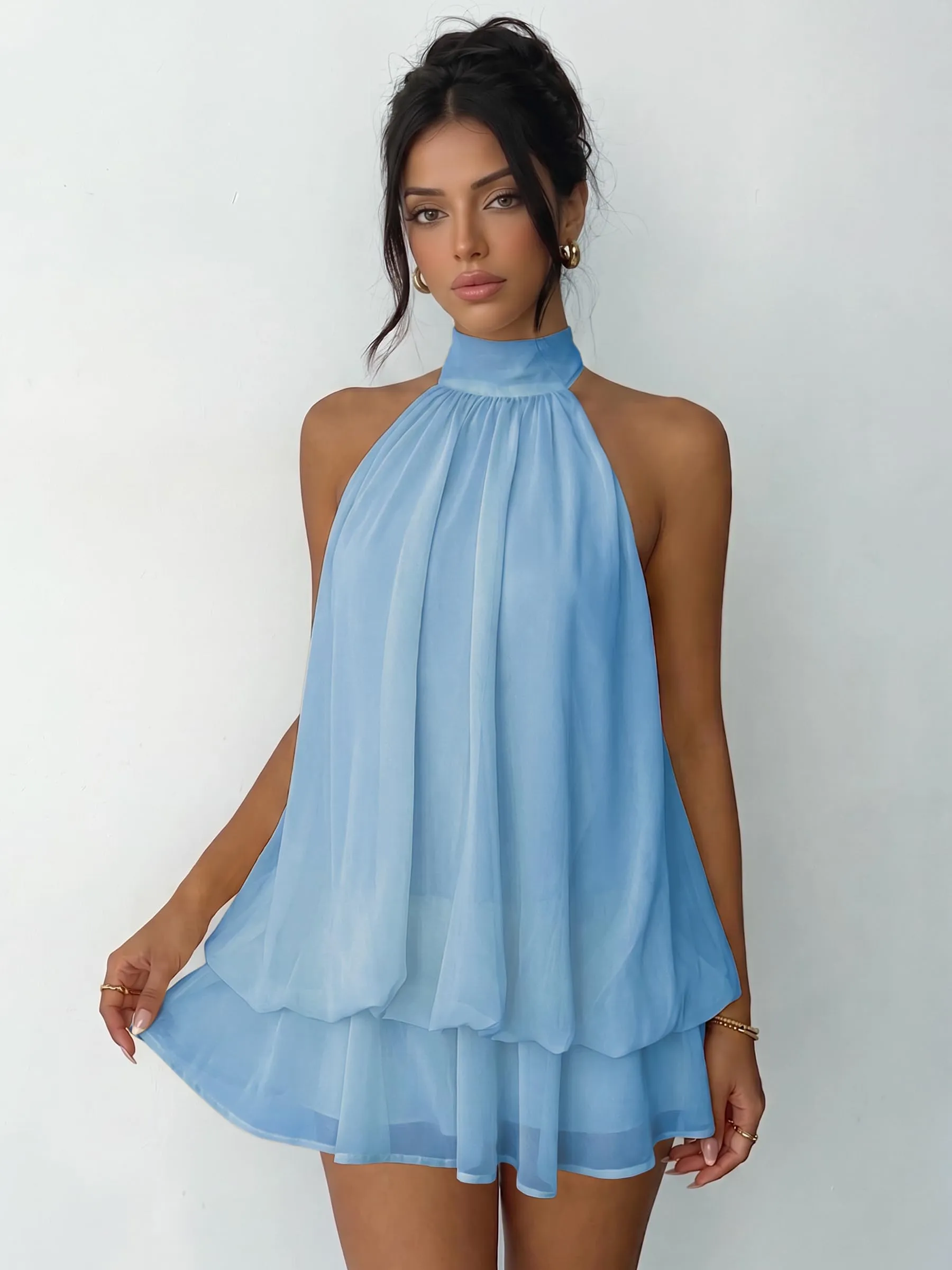 Xiaoliny Vestito Donna Elegante Senza Maniche Mini Abito in Chiffon con Scollo Halter e Volant - immagine 8